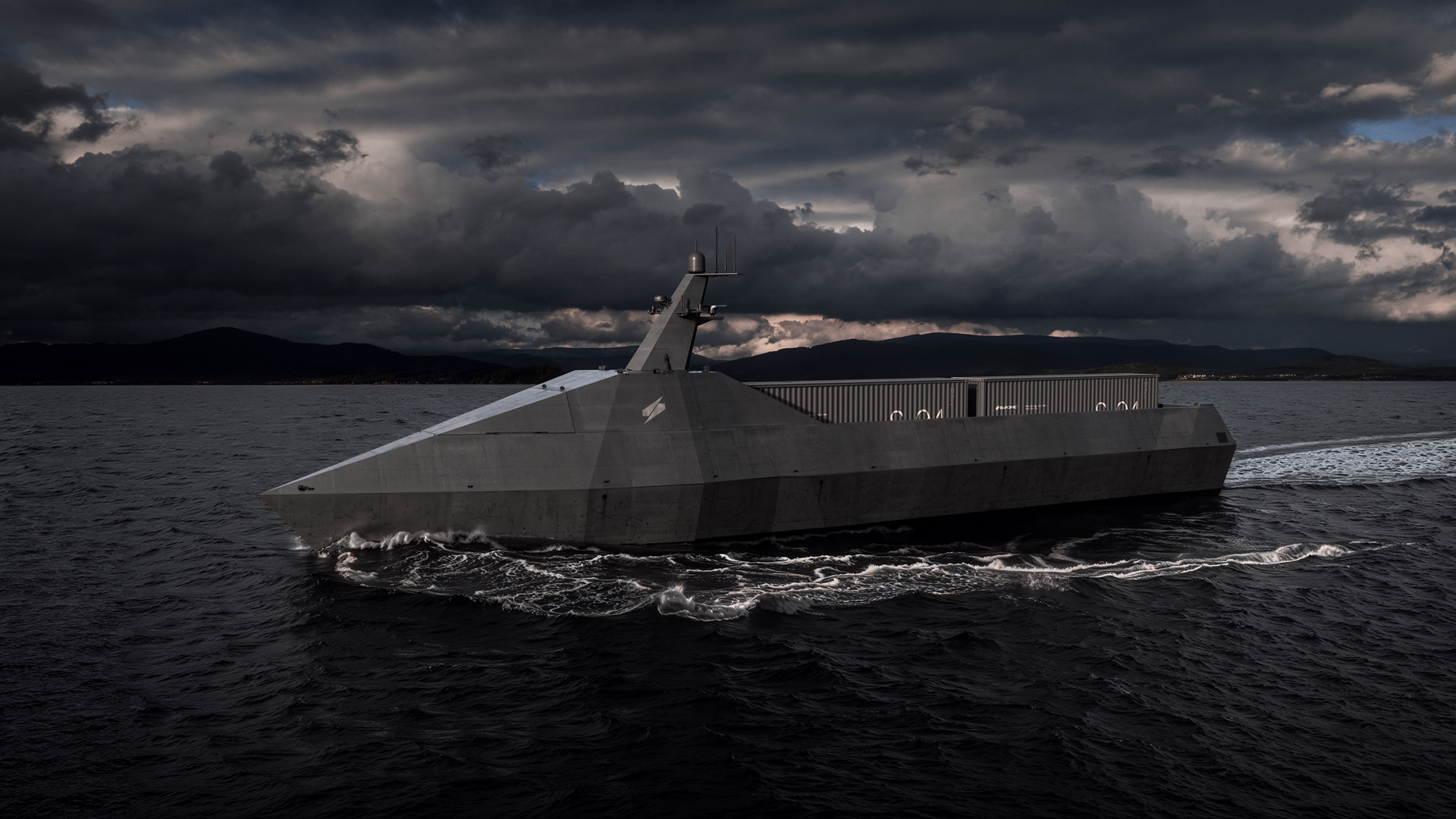 An artist's rendering of Marauder, a 150-foot autonomous vessel. It's grey in color and sailing across the water.