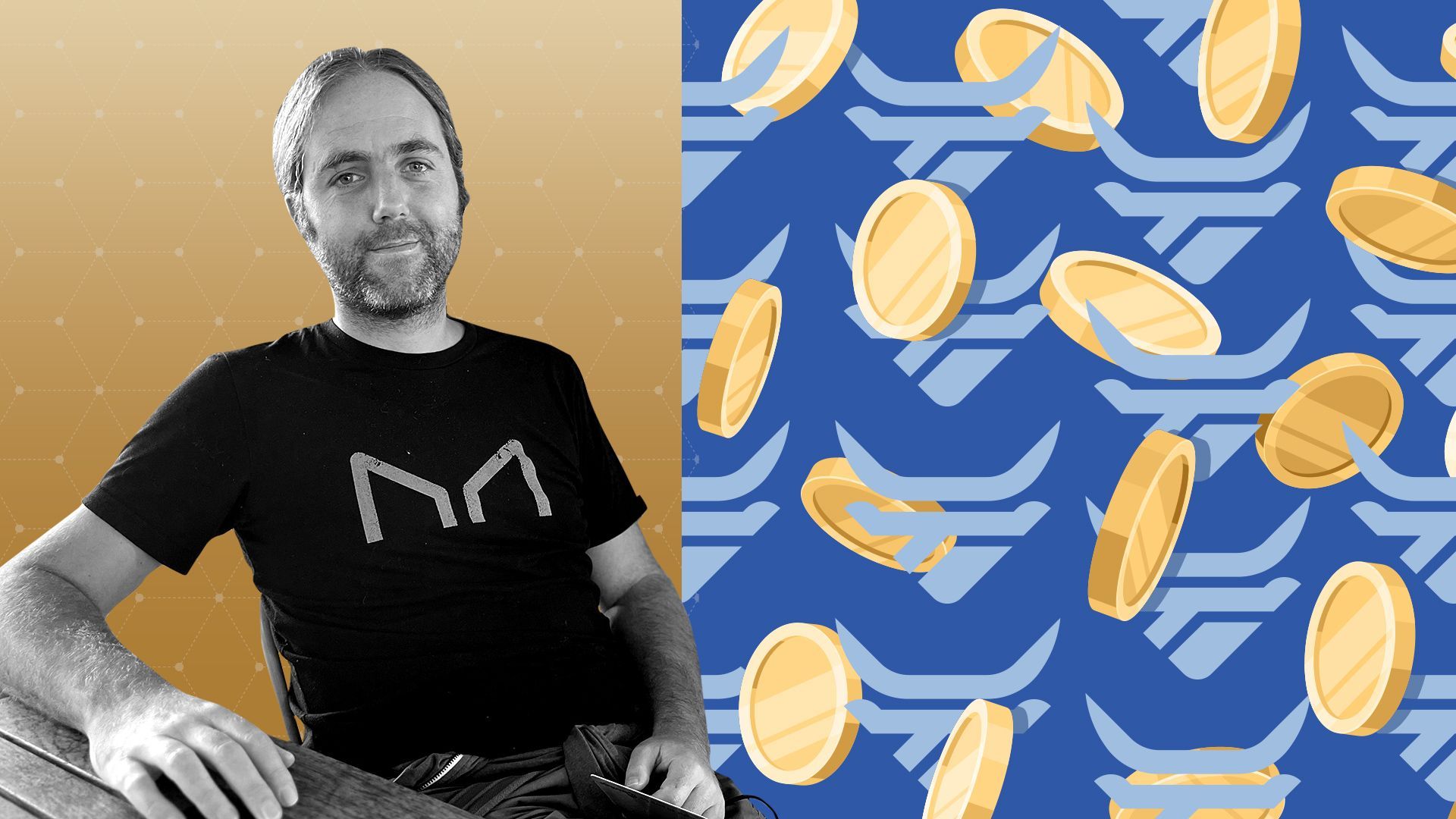 Photo illustration of Sébastien Derivaux surrounded by the Steakhouse FInancial logo, falling coins, and abstract patterns. 
