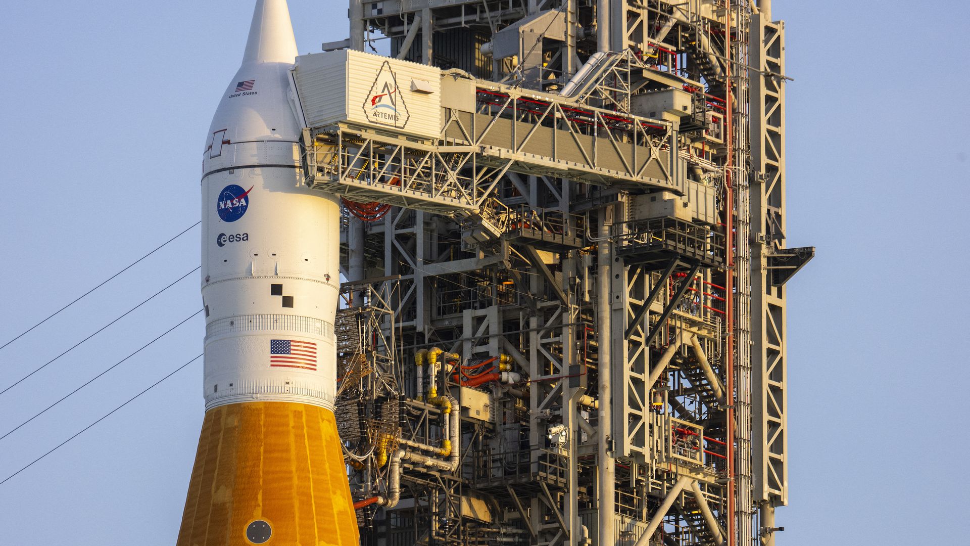NASA's Artemis II Space Launch System rocket and Orion spacecraft rest on the launch pad at the Kennedy Space Center in Florida on March 31, 2026. 