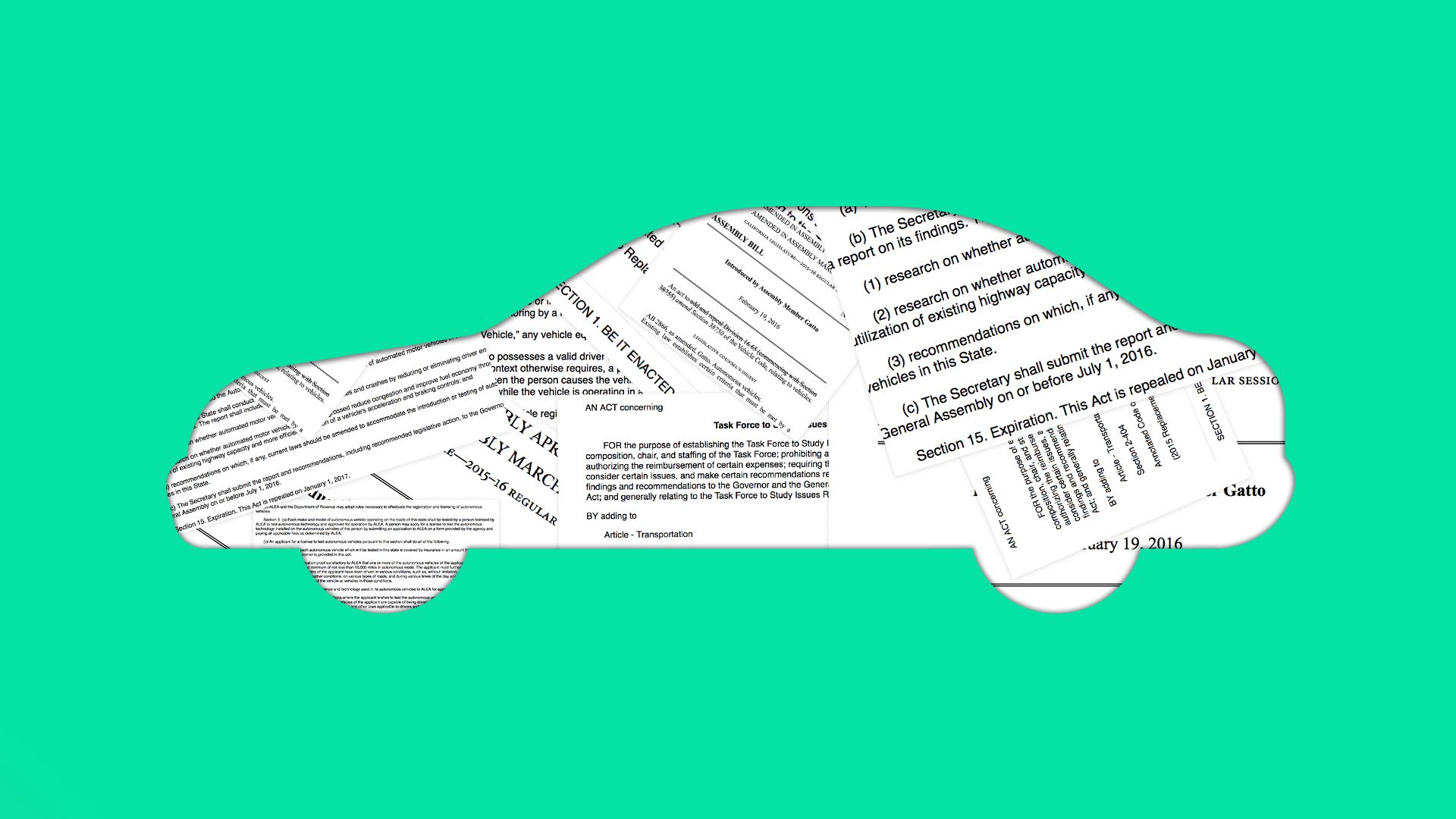 silhouette of a car with loose sheets of draft legislation inside