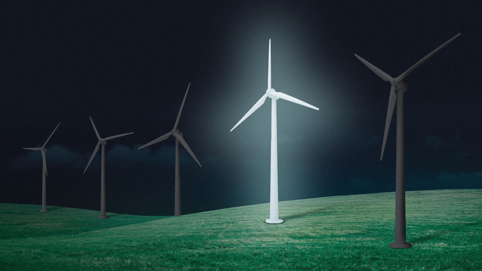 Illustration of a line of wind turbines in a field at night, with one glowing brightly.