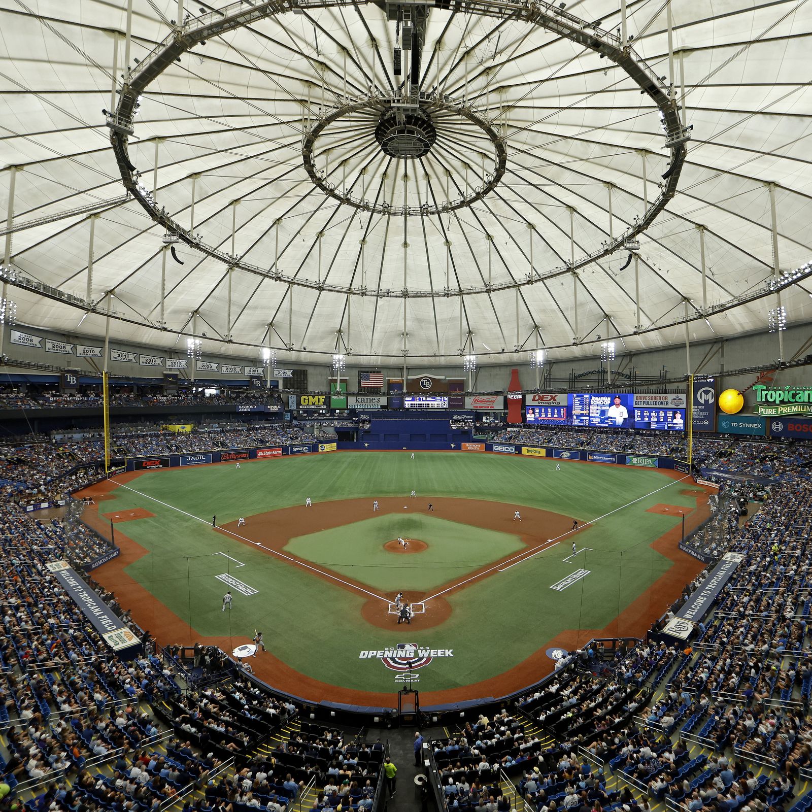 Logo and display above entrance to Tropicana Field Stadium in St