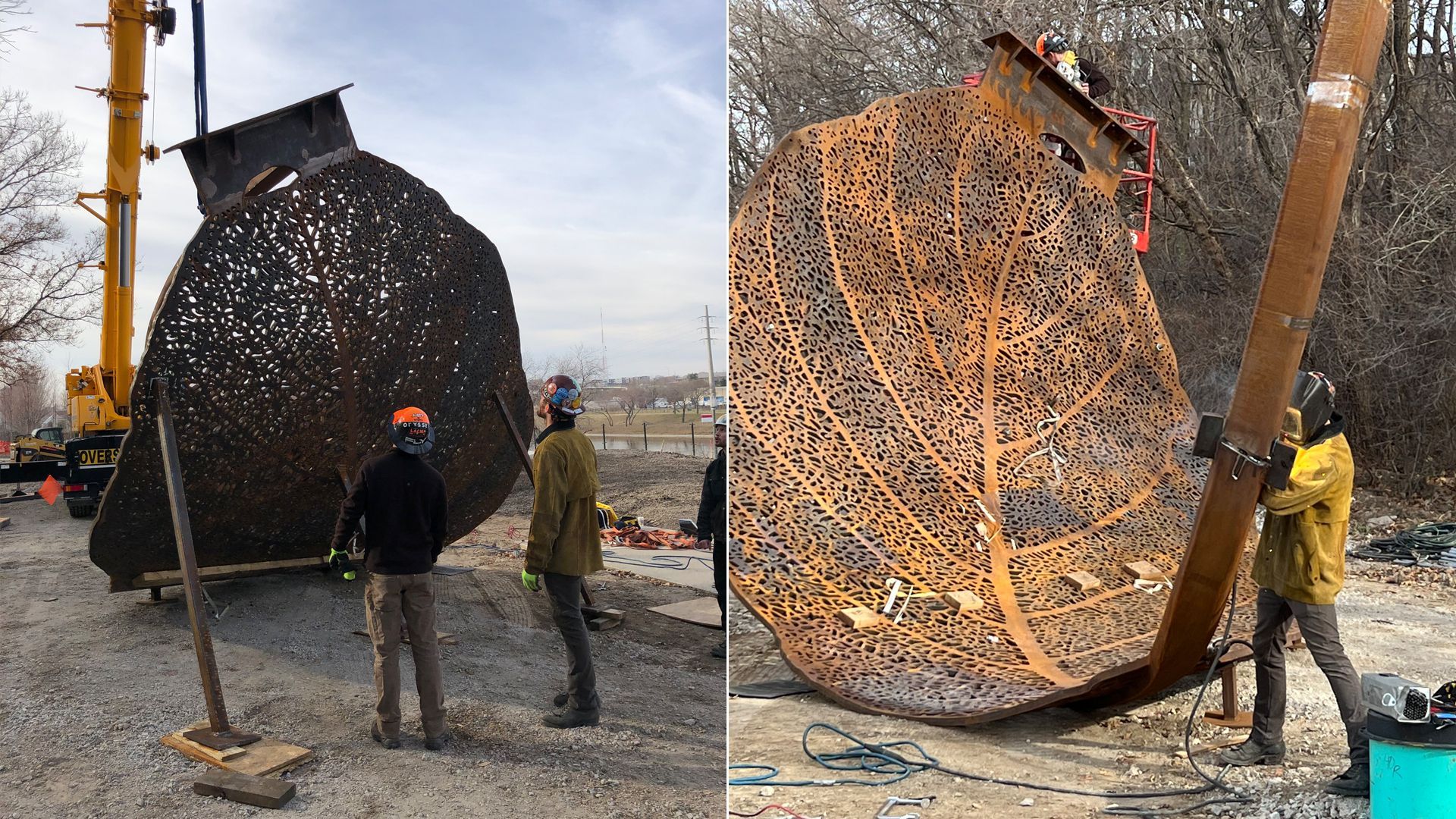 Two side-by-side photos of a new leaf sculpture being installed at the Greater Des Moines Botanical Garden.