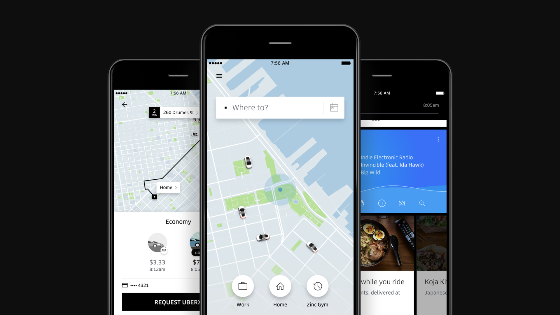 Several screenshots from the Uber app