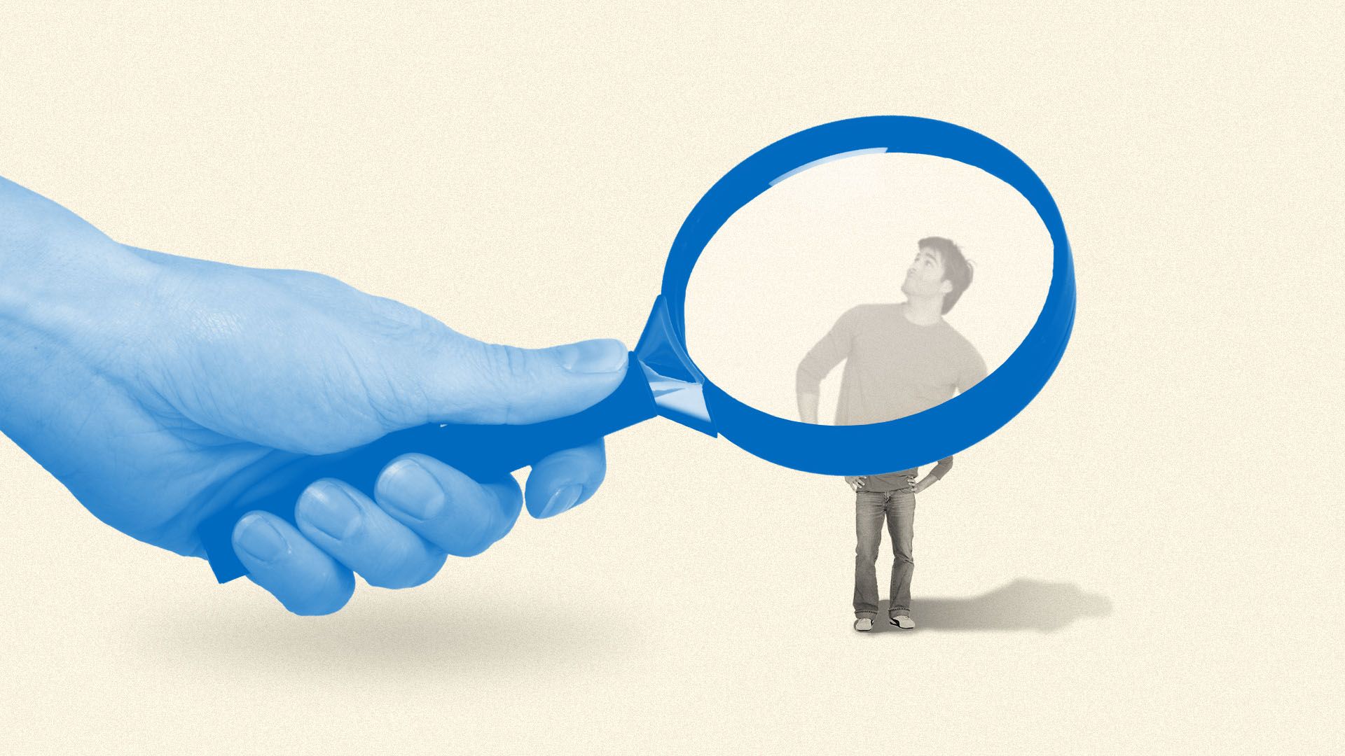 Illustration of a giant magnifying glass with a tiny man magnified under it