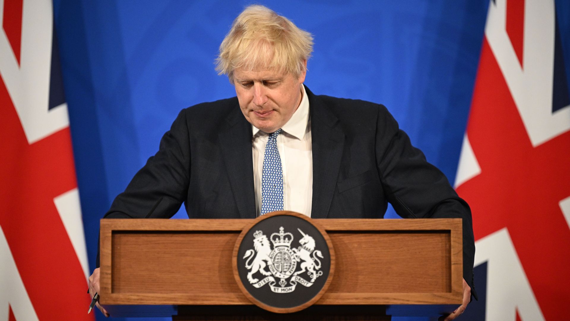 Prime Minister Boris Johnson holds a press conference in response to the publication of the Sue Gray report Into "Partygate" at Downing Street.