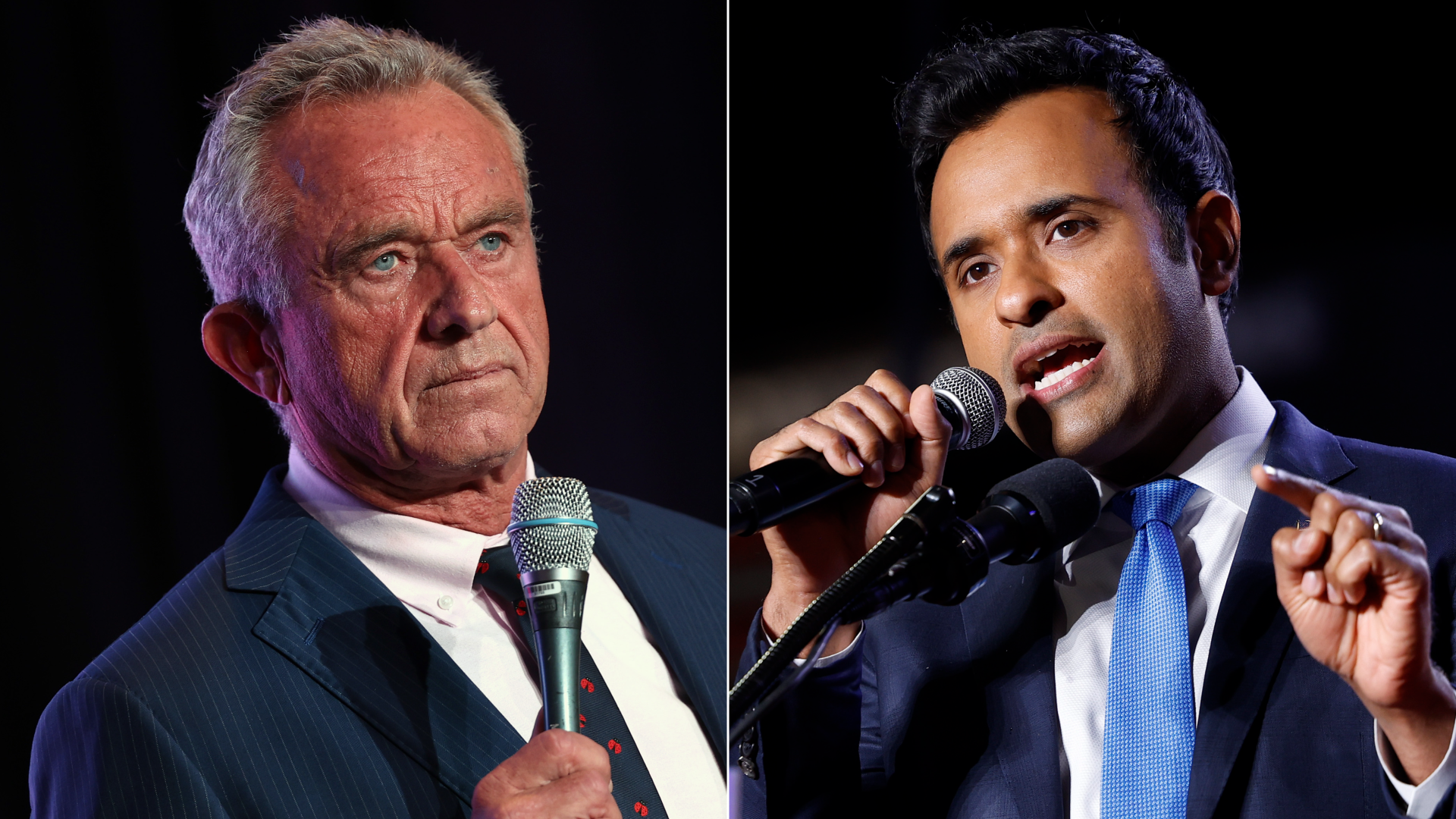 Side-by-side images of Robert F. Kennedy Jr. and Vivek Ramaswamy, both wearing suits and holding microphones.