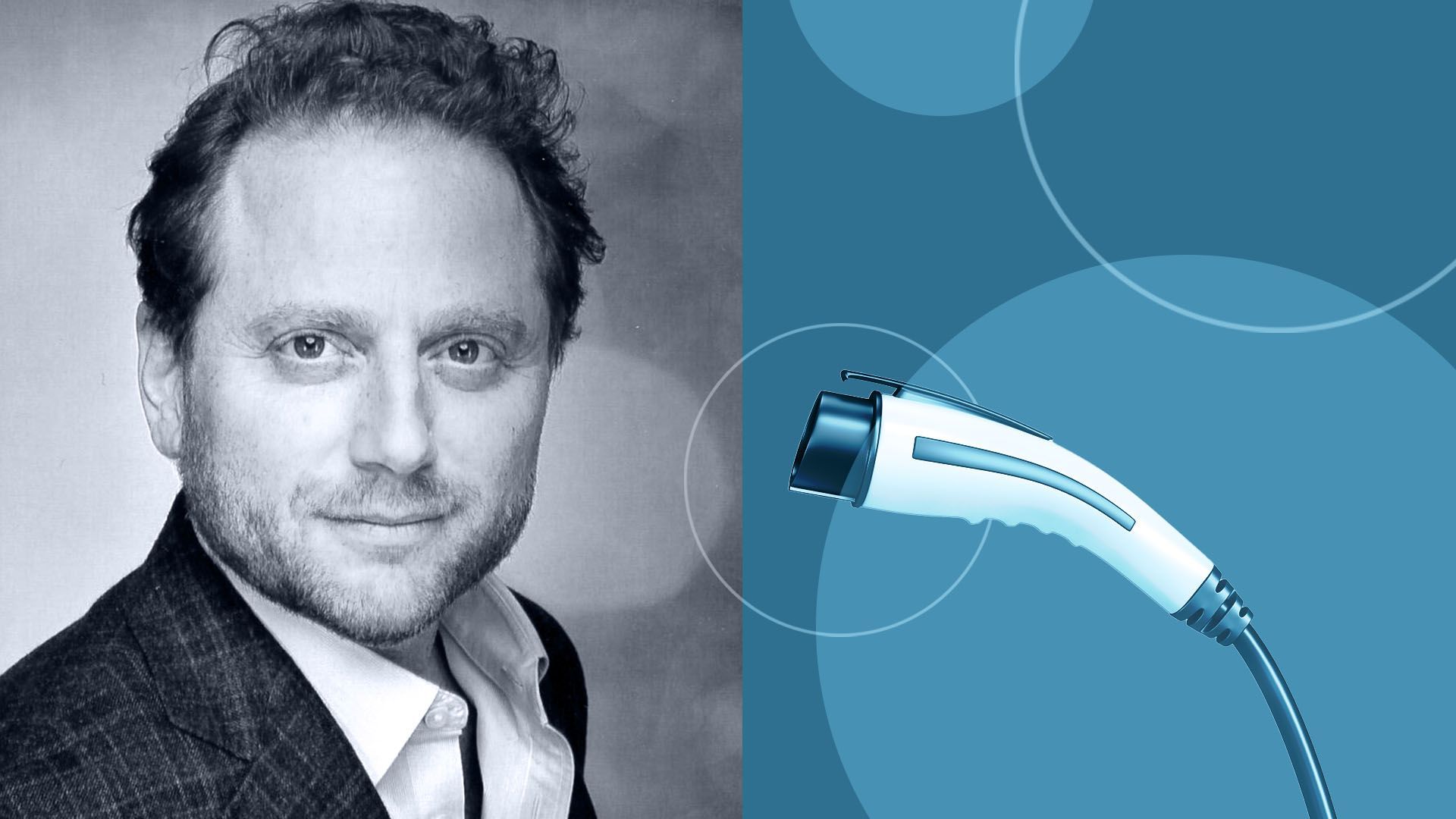 photo illustration of Broadscale founder Andrew Shapiro surrounded by circles and an EV charger 