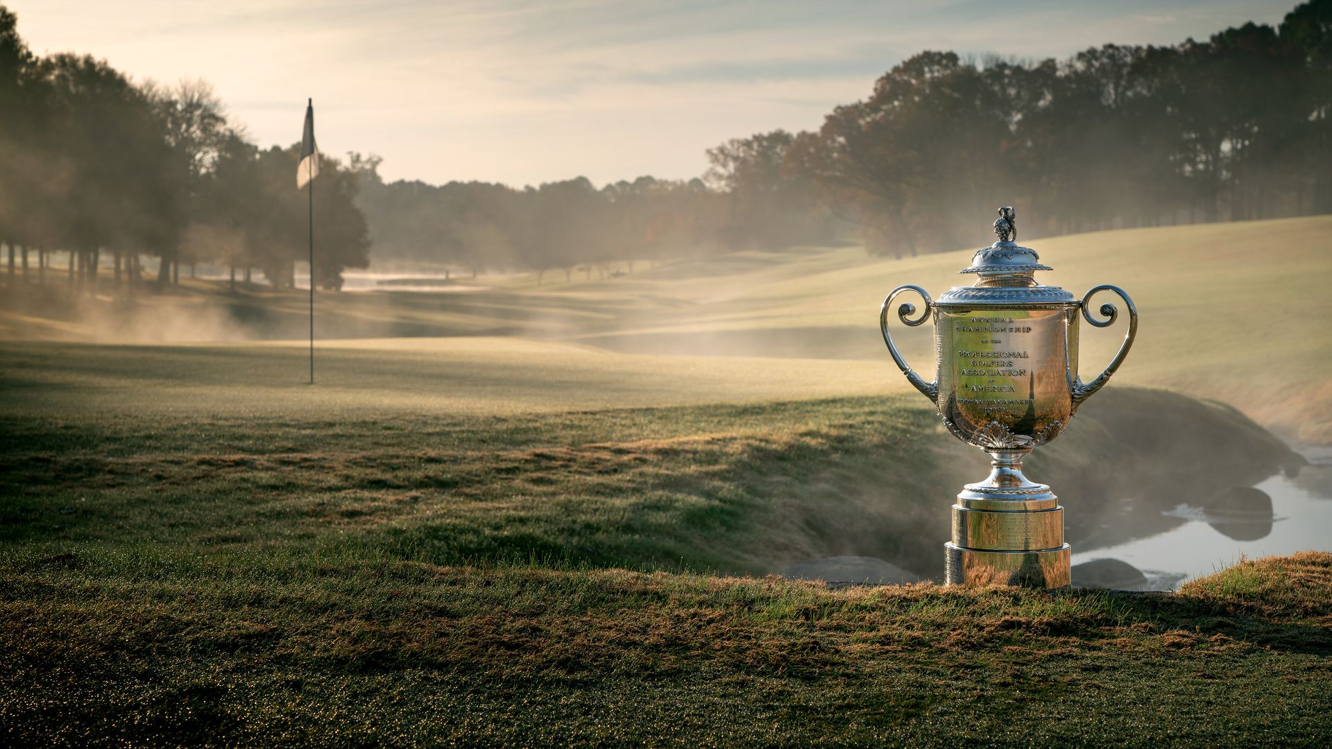 A general view of the Wanamaker Trophy is seen on the 18th hole at Quail Hollow Club on November 13, 2023 in Charlotte, North Carolina. (Photo by Gary Kellner/PGA of America via Getty Images)