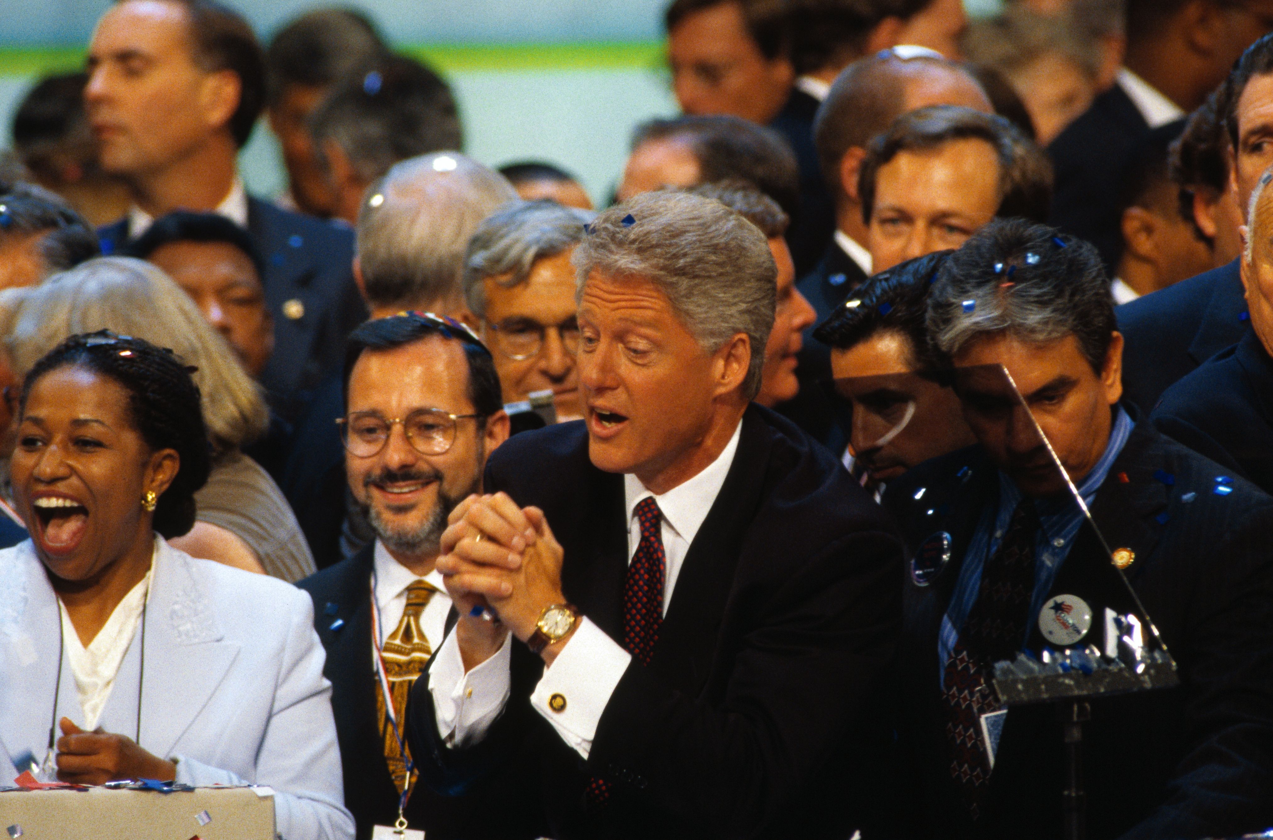 President Bill Clinton delivers his acceptance speech at the 1996 Democratic National Convention at the United Center. He's flanked by U.S. Senator Carol Moseley Braun. 