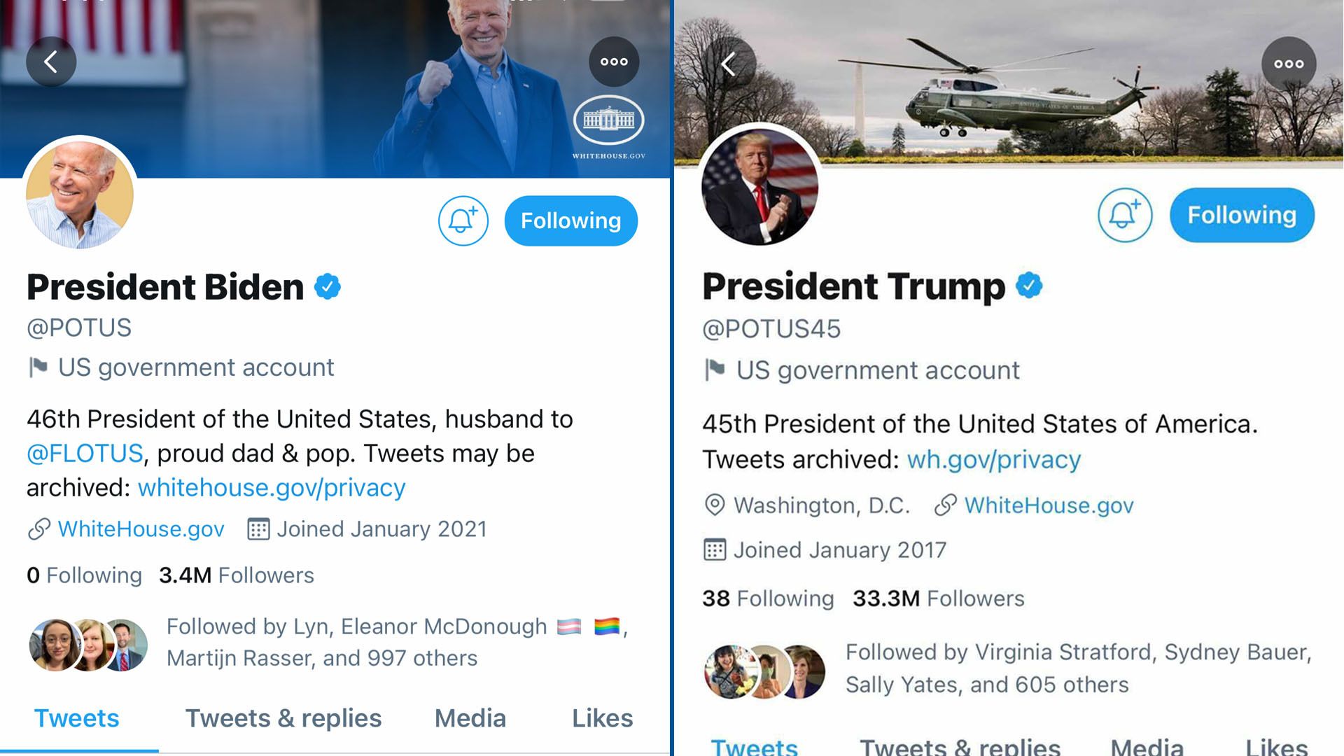 Screenshots of President Trump's official Twitter account and President Biden's official one