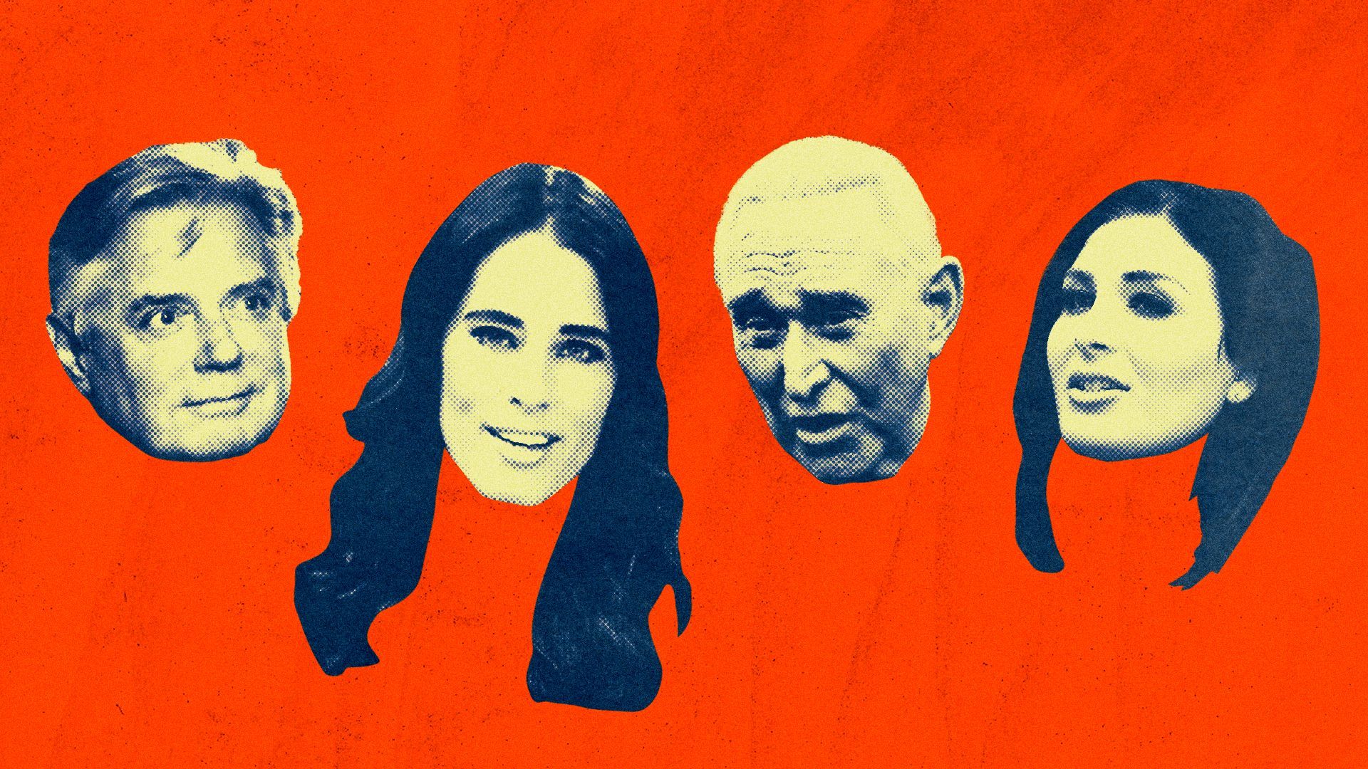 Photo illustration of the faces of Paul Manafort, Christina Bobb, Roger Stone and Laura Loomer.