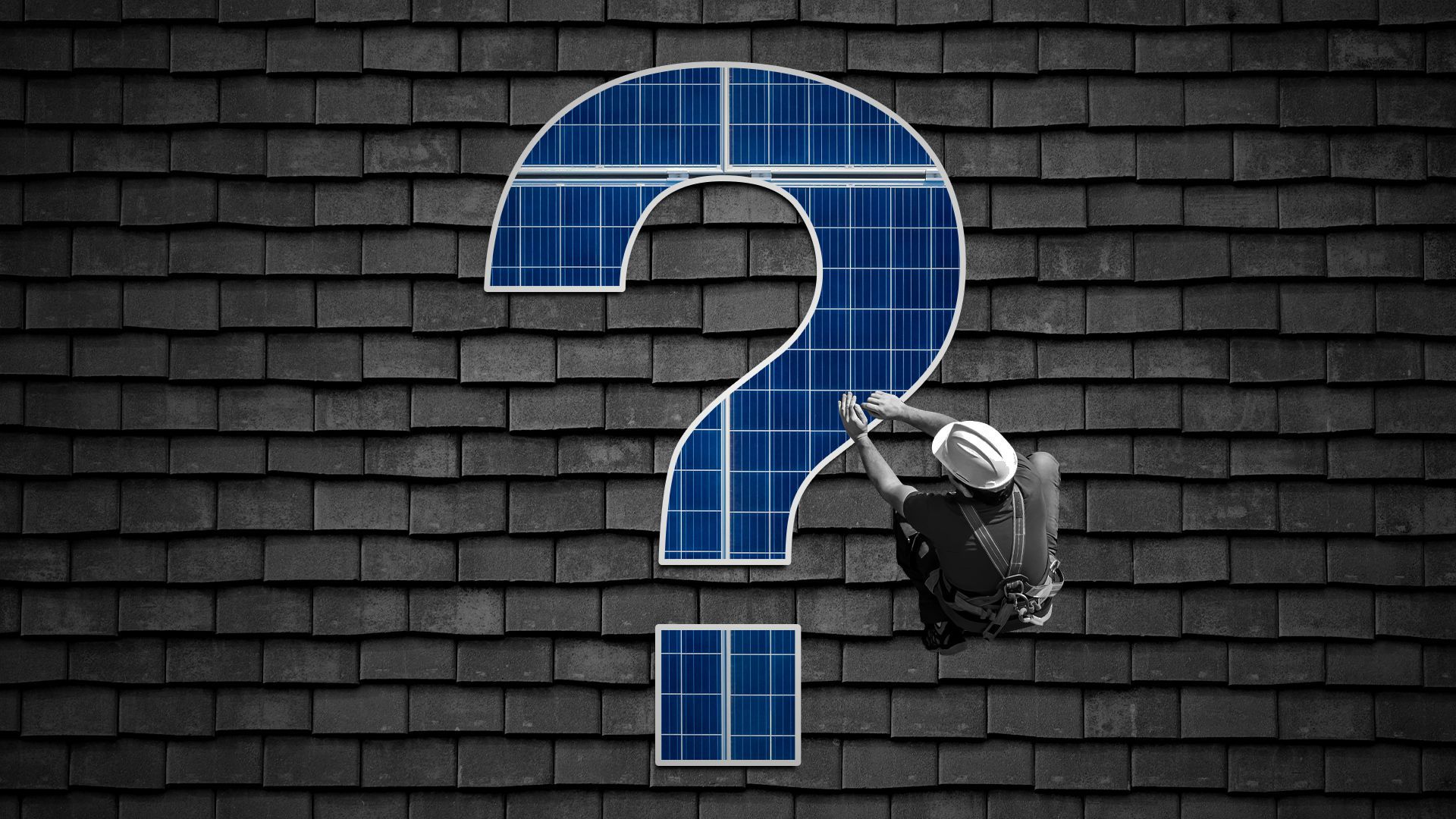 Illustration of a worker installing a solar panel in the shape of a question mark on a roof.
