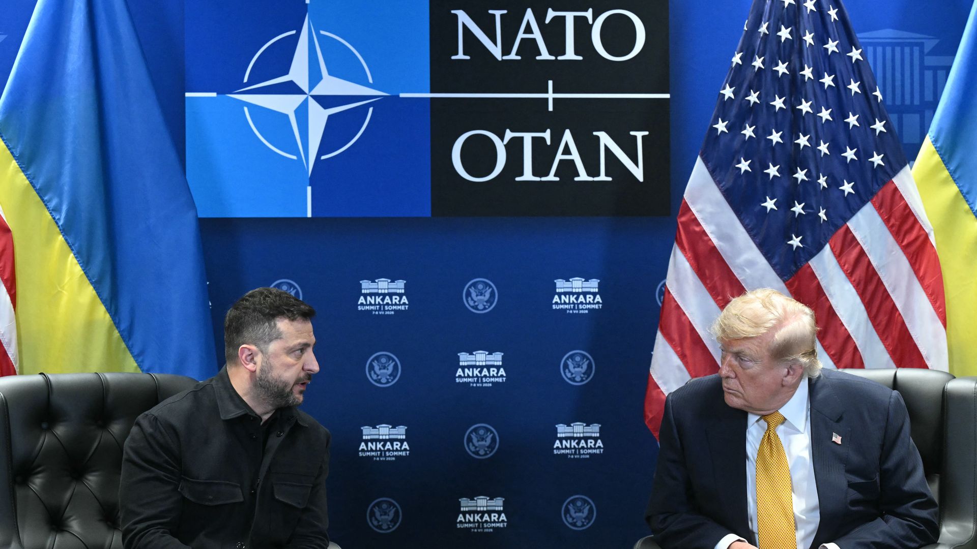 Ukraine's President Volodymyr Zelensky (L) meets with US President Donald Trump on the sidelines of the NATO Summit at Bestepe Presidential Compound in Ankara, on July 8, 2026.