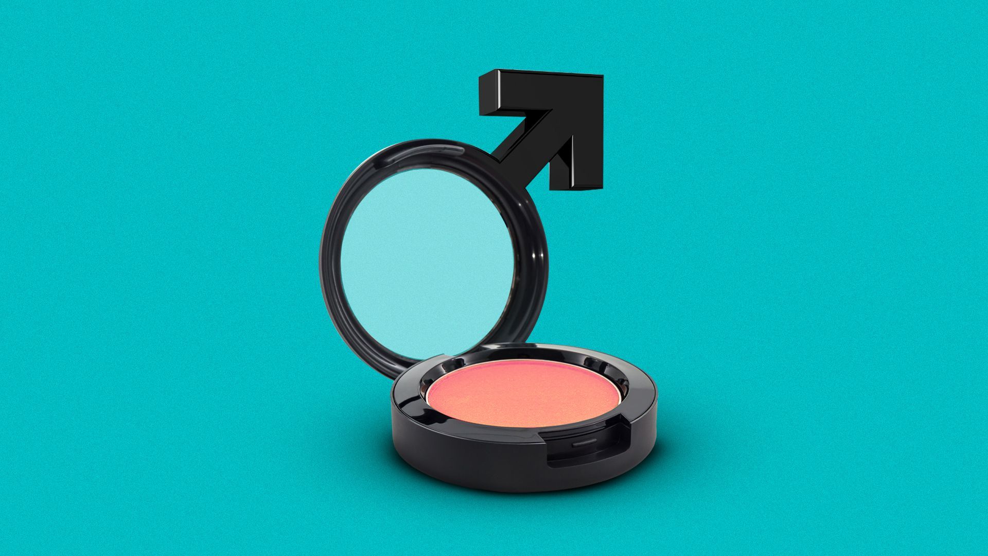 Illustration of a makeup compact with the top area of the compact forming a male symbol. 