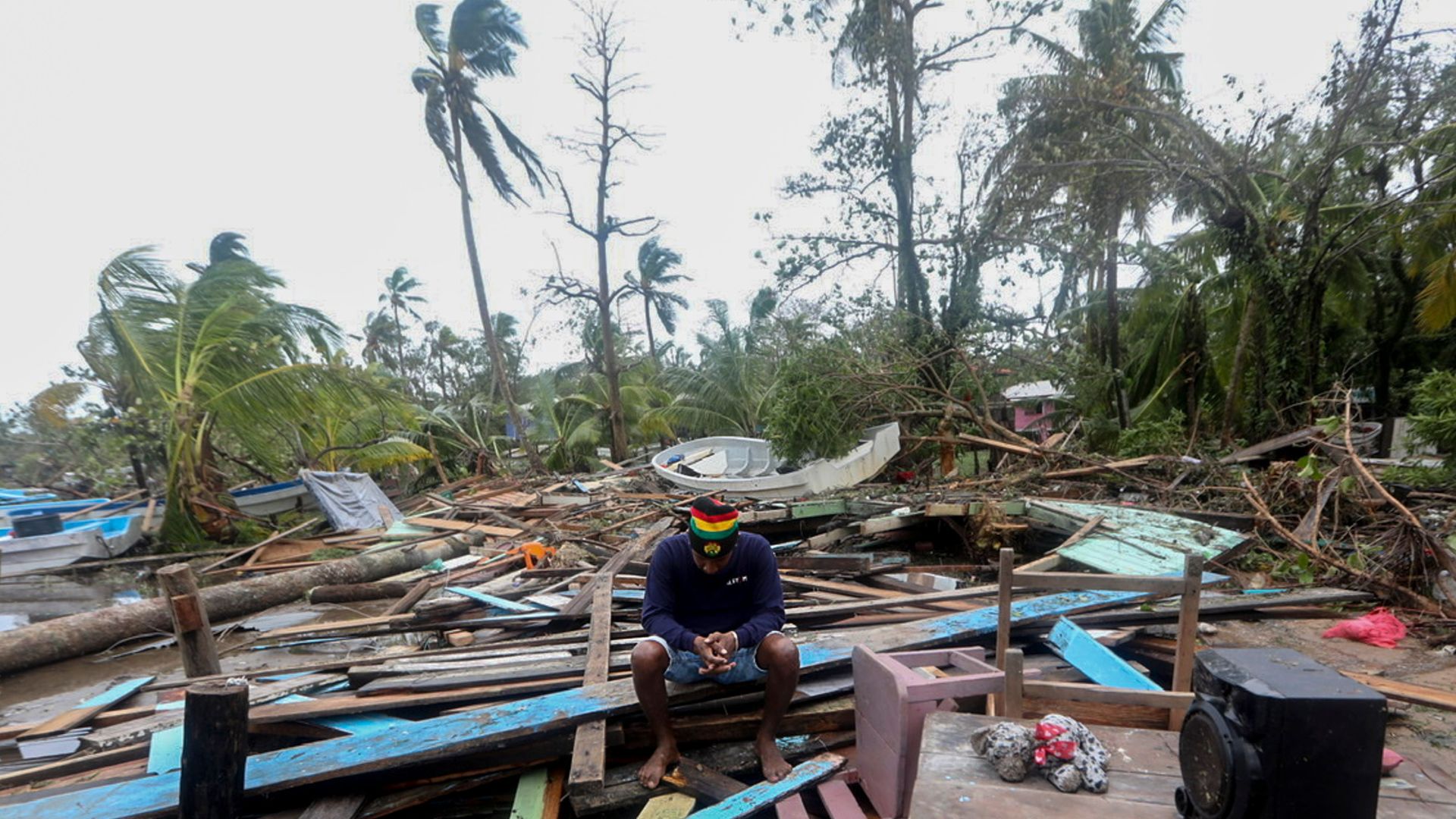  A man reacts as he looks at damages caused by the passage of Hurricane Eta in Puerto Cabezas, Nicaragua, on November 4