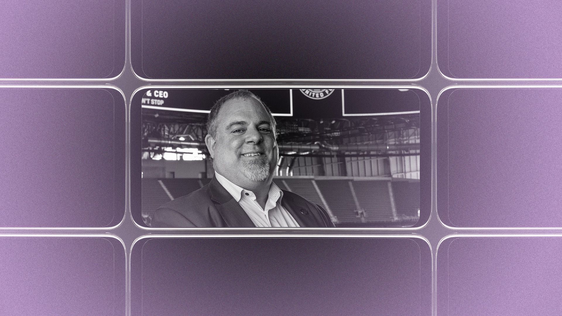 Photo illustration of a grid of smartphone screens, the center one showing an image of Garth Lagerwey.