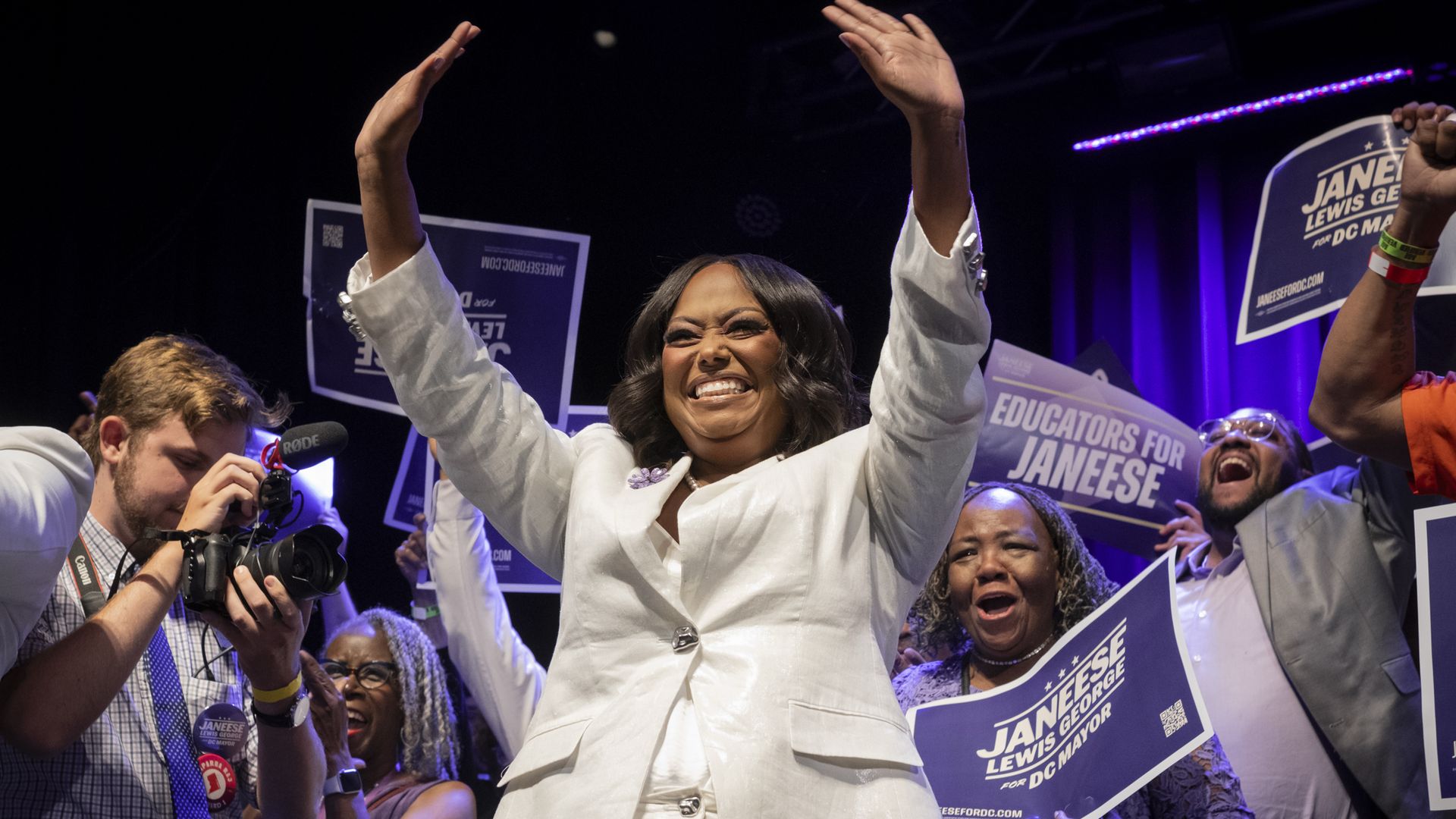 Mayoral candidate Janeese Lewis George celebrates her early lead.
