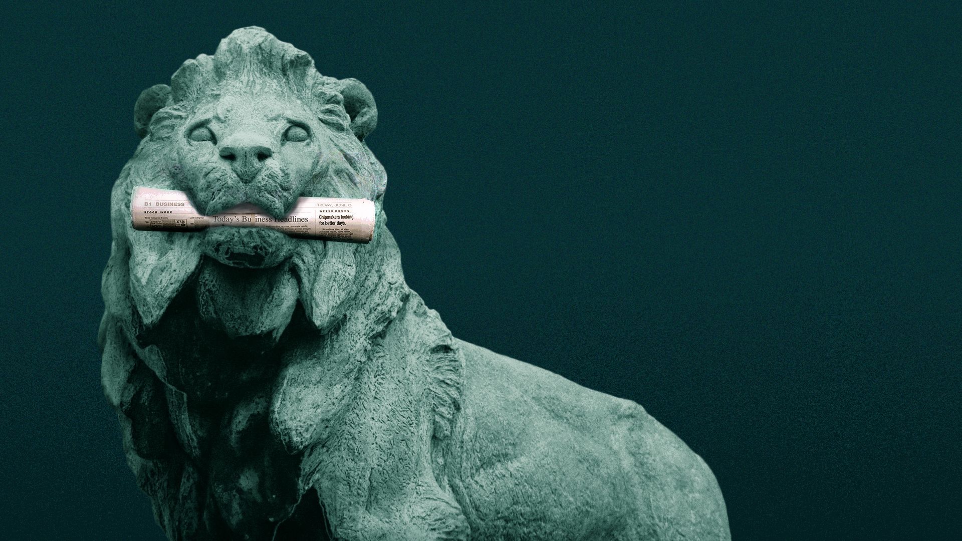 Illustration of the Art Institute of Chicago's Lion statue holding a newspaper in its mouth.