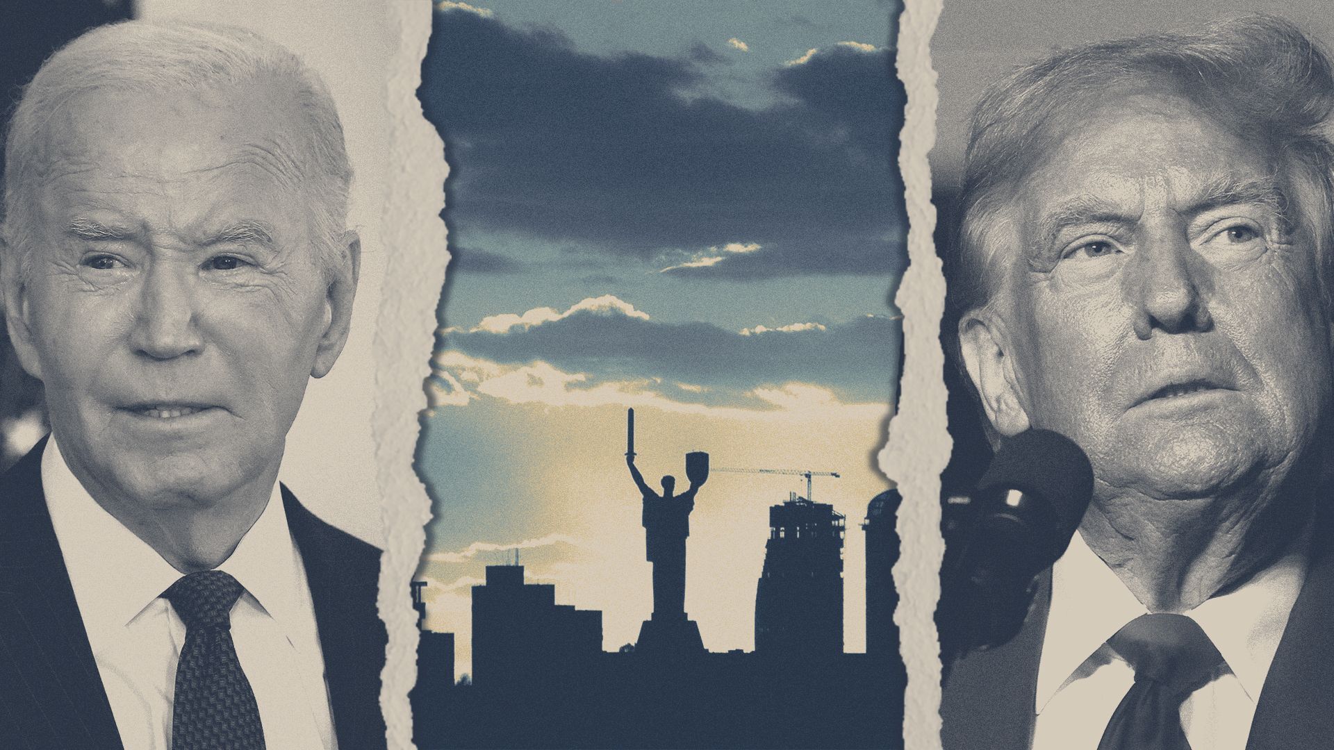 Photo illustration of a collage of the Kyiv skyline between ripped photos of Joe Biden and Donald Trump.