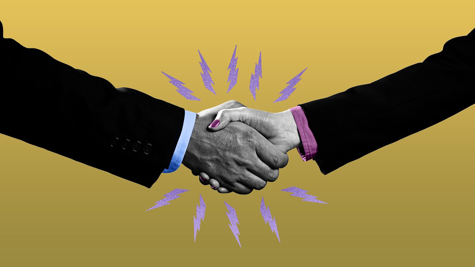 Two people in dark suits shake hands on a gold gradient background, with purple jagged shapes radiating around them and visible blue and pink cuffs.