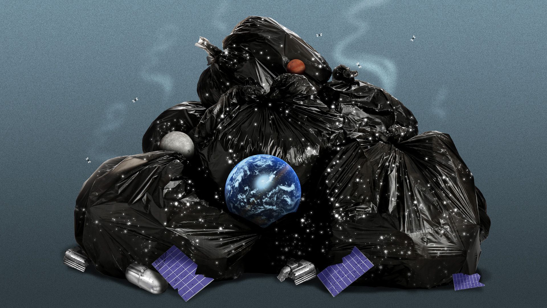 Illustration of a pile of garbage bags made up of outer space, including stars and planets, with pieces of satellites around it