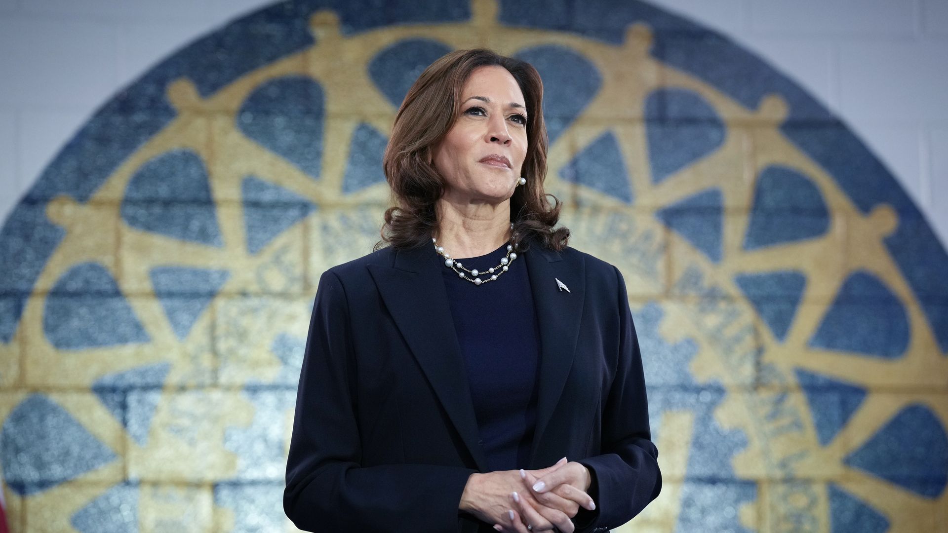 Democratic presidential candidate U.S. Vice President Kamala Harris waits to speak at a campaign rally at United Auto Workers Local 900 on August 8, 2024 in Wayne, Michigan.