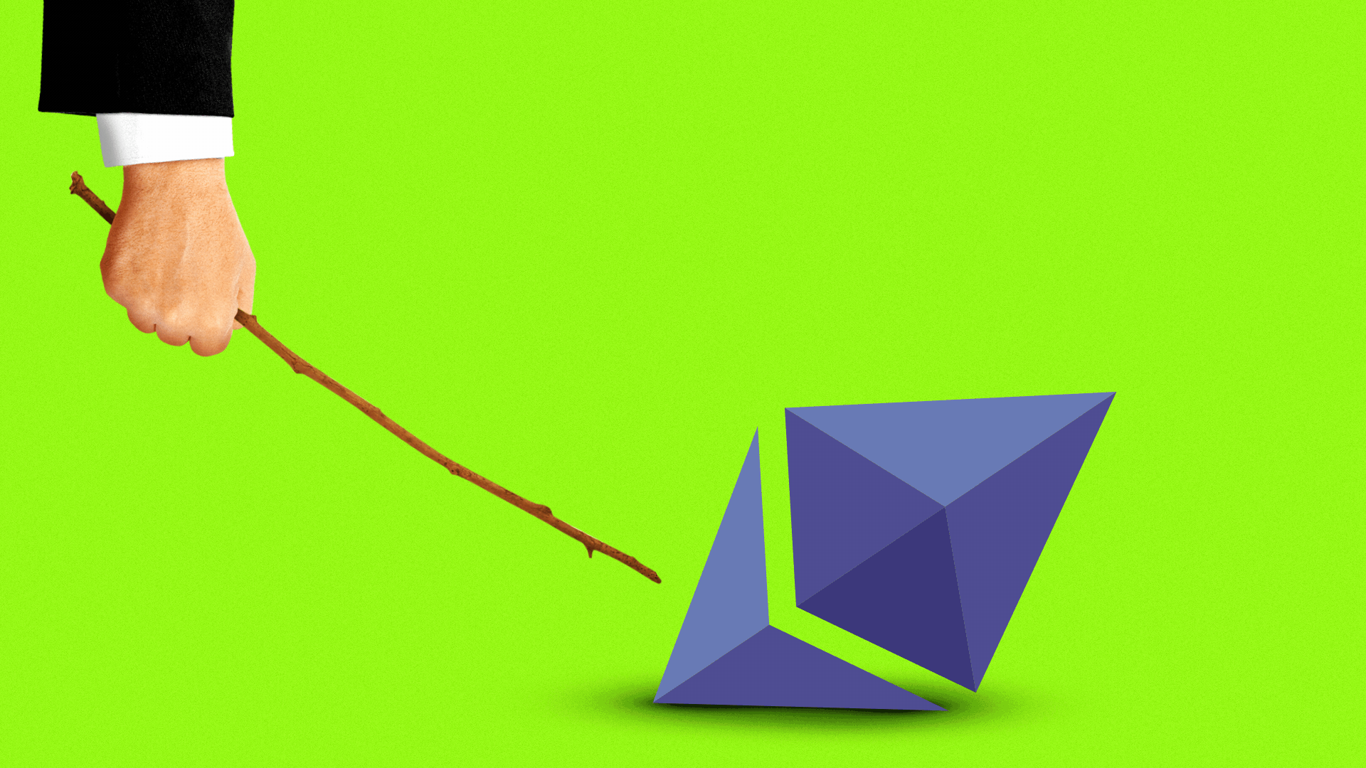 Illustration of a hand poking a stick at an Etherum logo that is lying on the ground. 