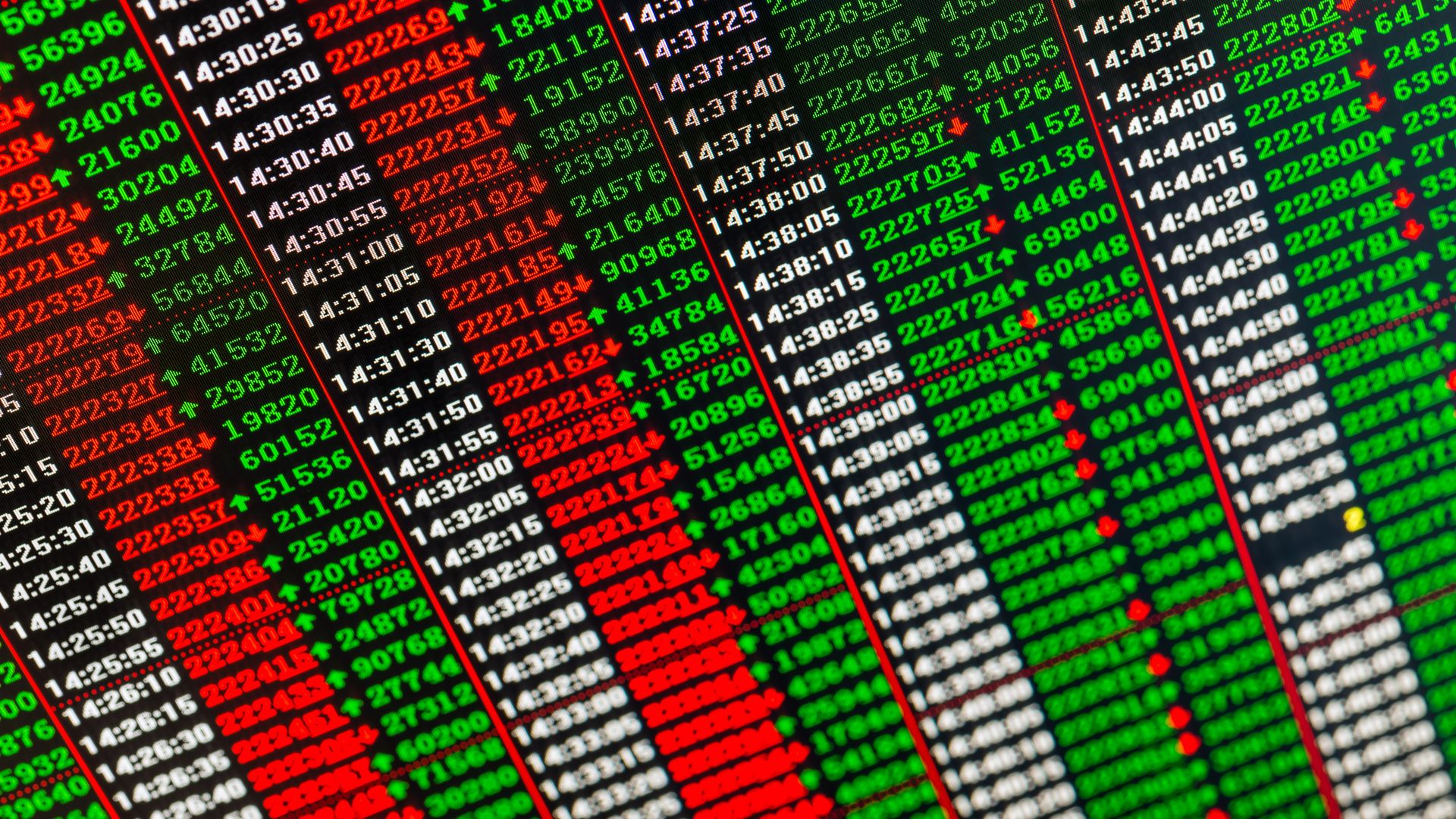 Red and green numbers showing rising and falling prices.
