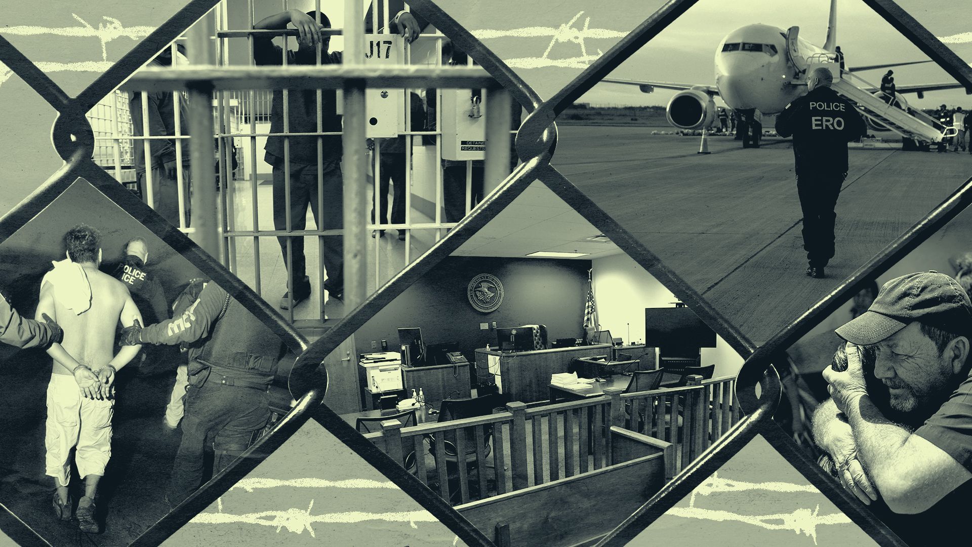 Photo illustration of a chain fence with images of undocumented immigrants being arrested, detained, and deported.