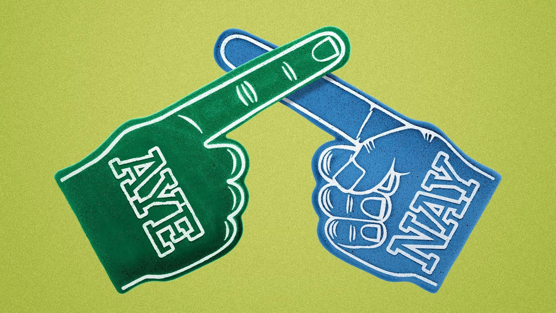 Illustration of two crossed foam fingers. One reads AYE and one reads NAY.