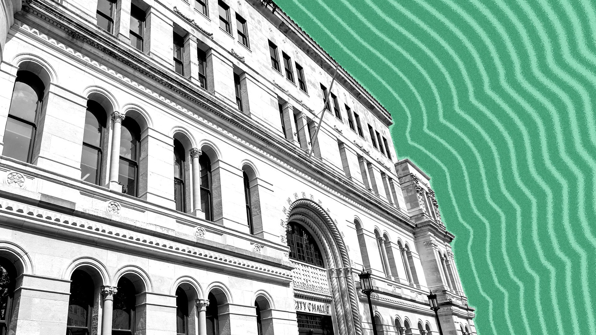 Photo illustration of the San Antonio city hall with lines radiating from it.