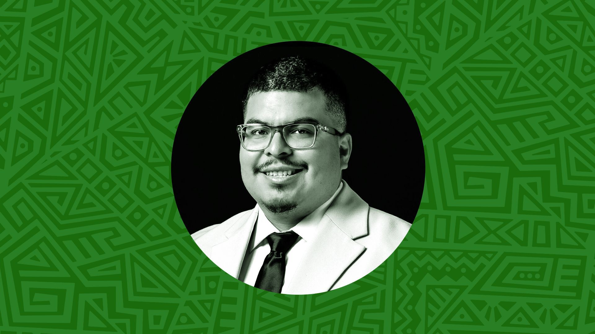 Photo illustration of Elvis Rivera surrounded by an abstract patterned background.