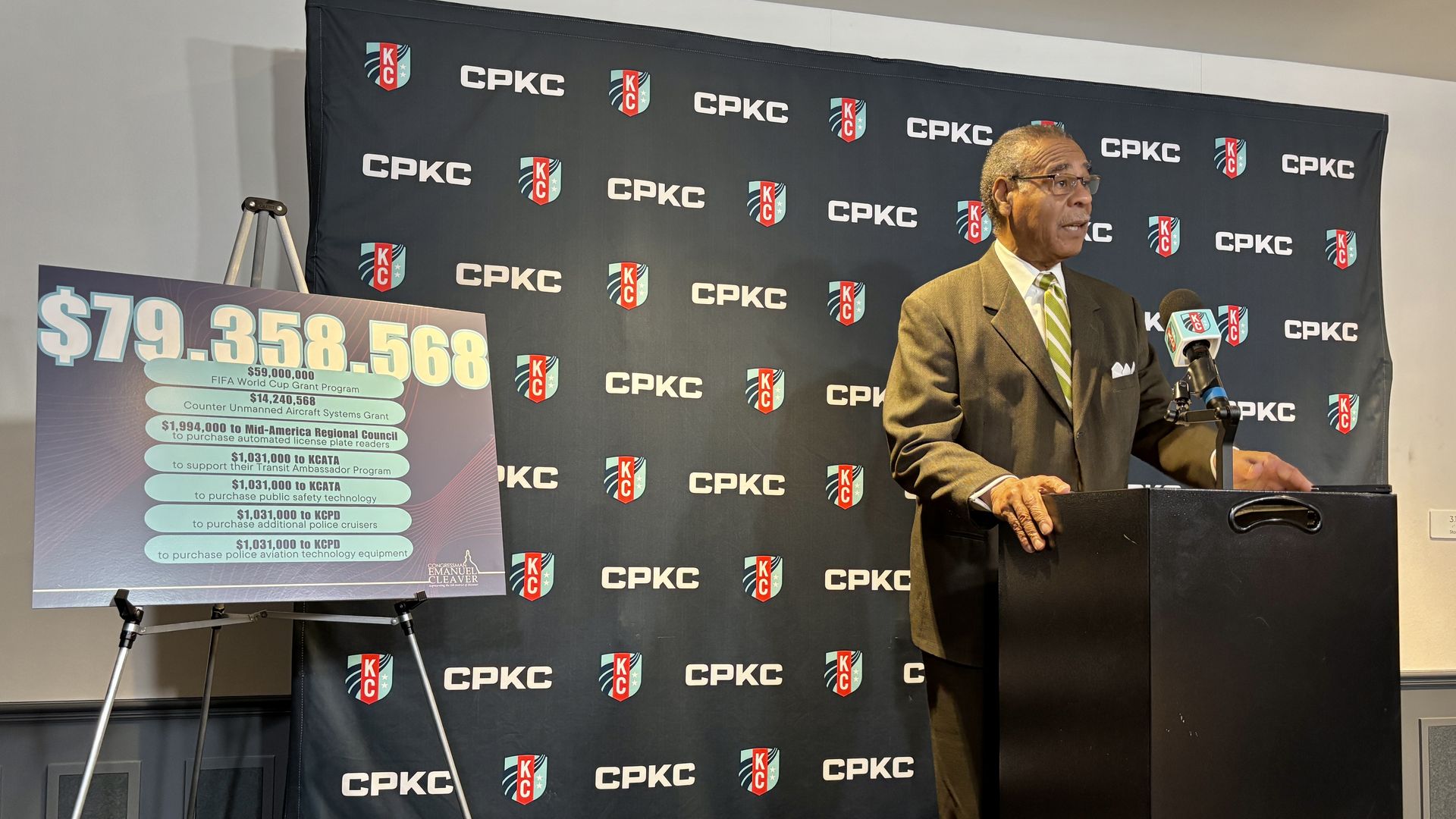 Man in brown suit and green striped tie speaking at podium with KCK and CPKC logos backdrop, next to easel sign showing $79,358,568 funding distribution details in blue and yellow text.
