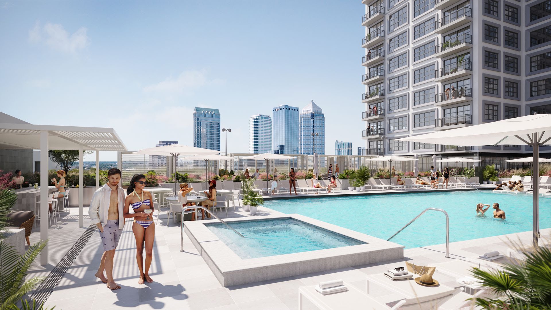 Rendering of amenitized new apartment tower called Asher and its private pooldeck 