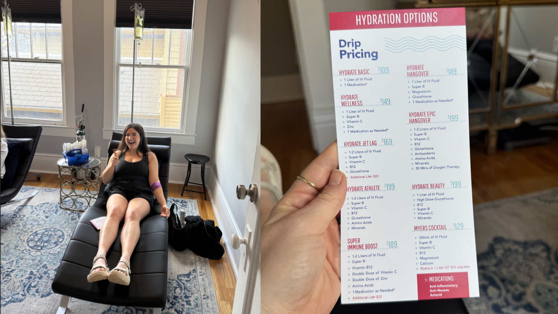 Two-panel scene: left a smiling woman in black reclines on a clinic chair with an IV drip; right a hand holds a pink-topped 'Hydration Options' flyer titled 'Drip Pricing' with menu items.