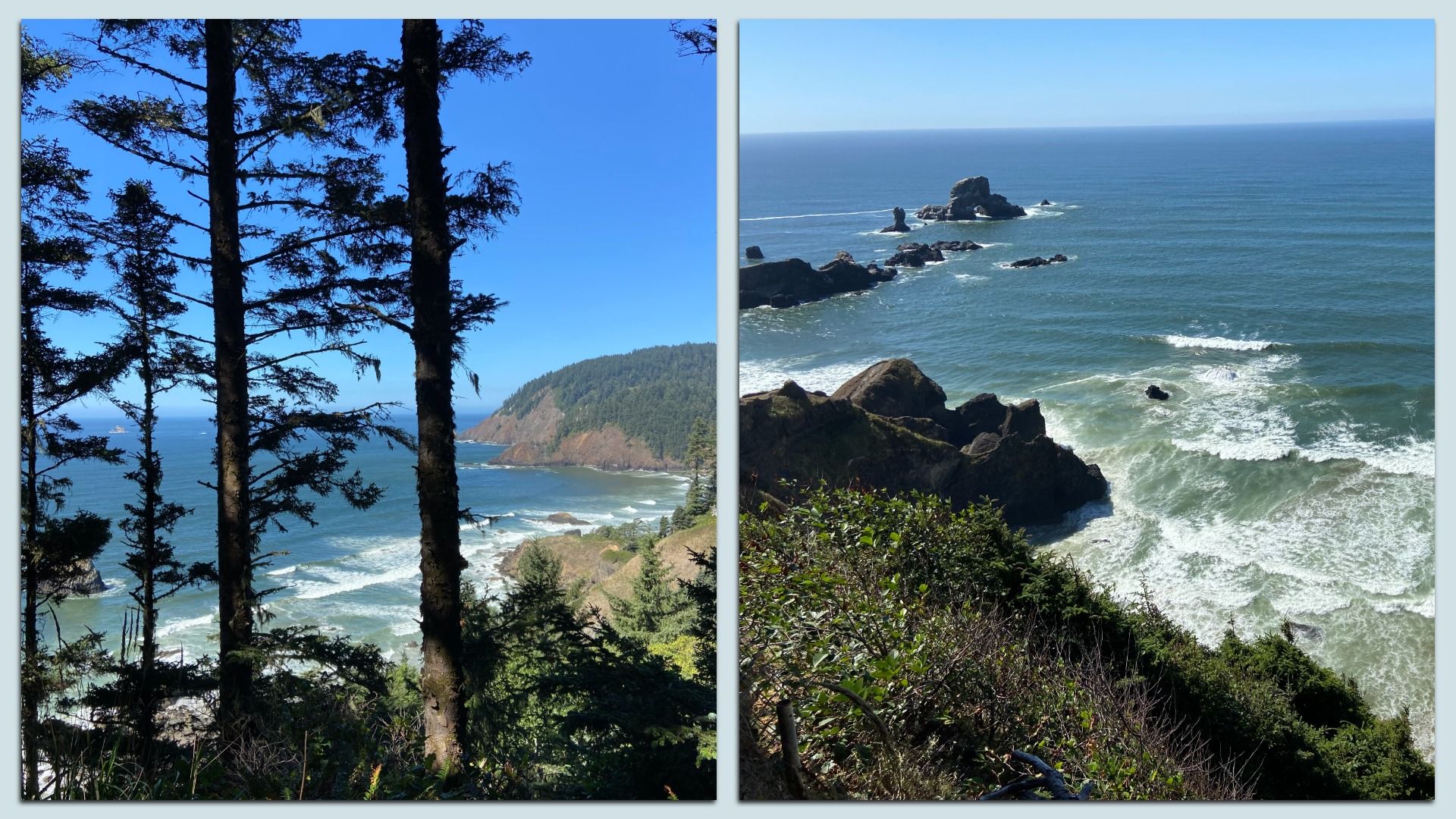 A side-by-side collage shows two views of the Pacific ocean on the Oregon coast with trees lining one and a rocky outcrop in the other.