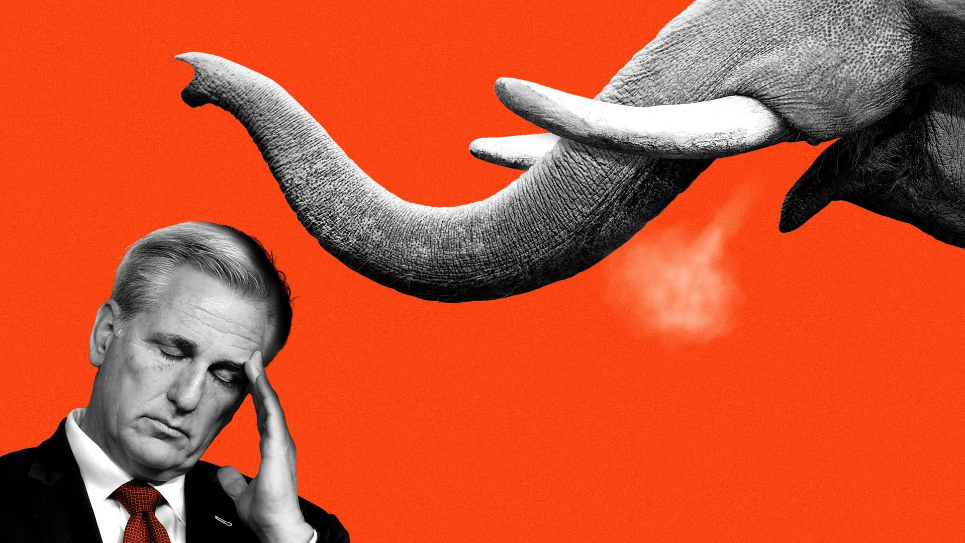 Photo illustration of Kevin McCarthy holding his head beneath an angry elephant.
