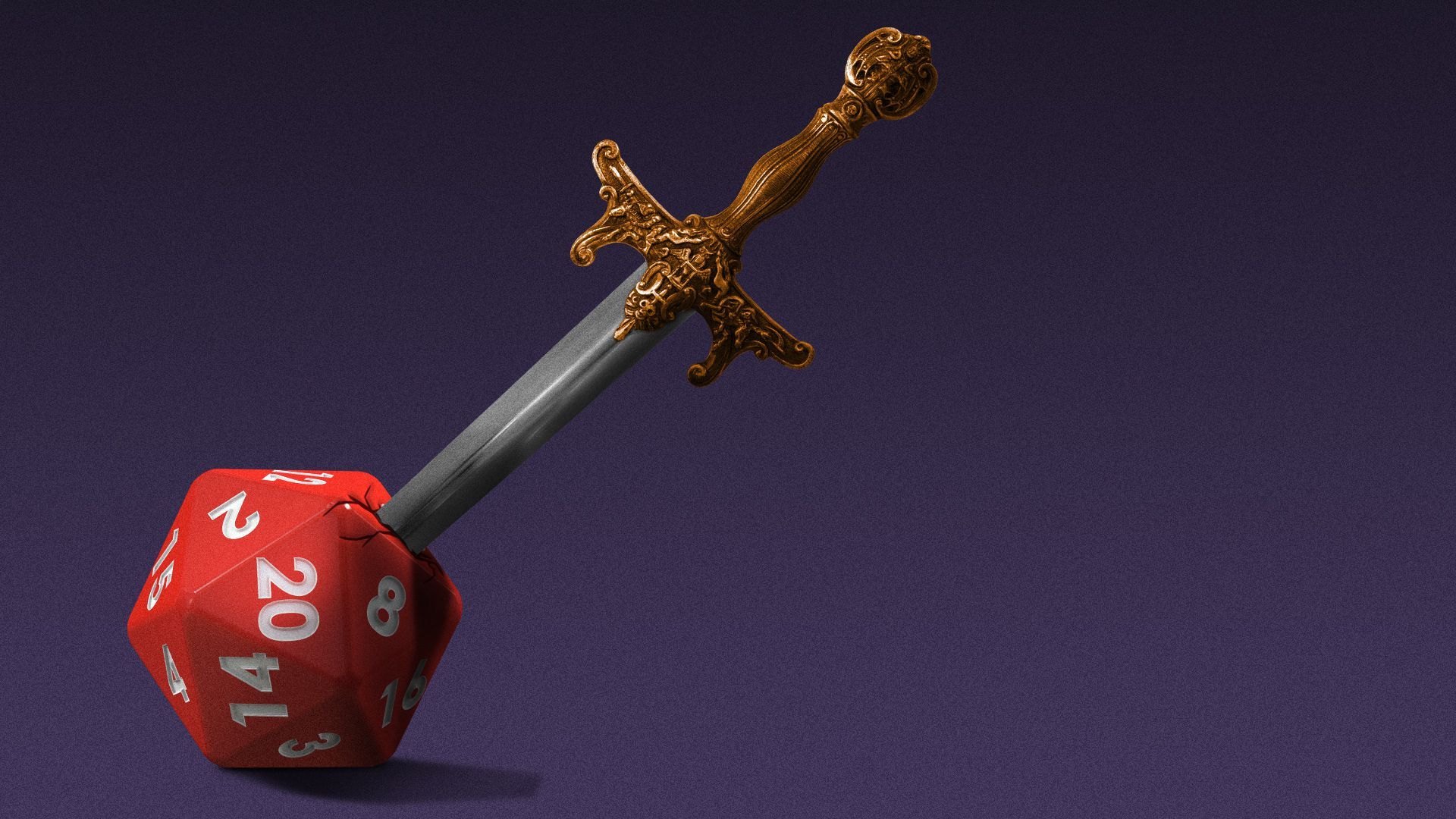 Illustration of a sword stabbing a 20-sided die.