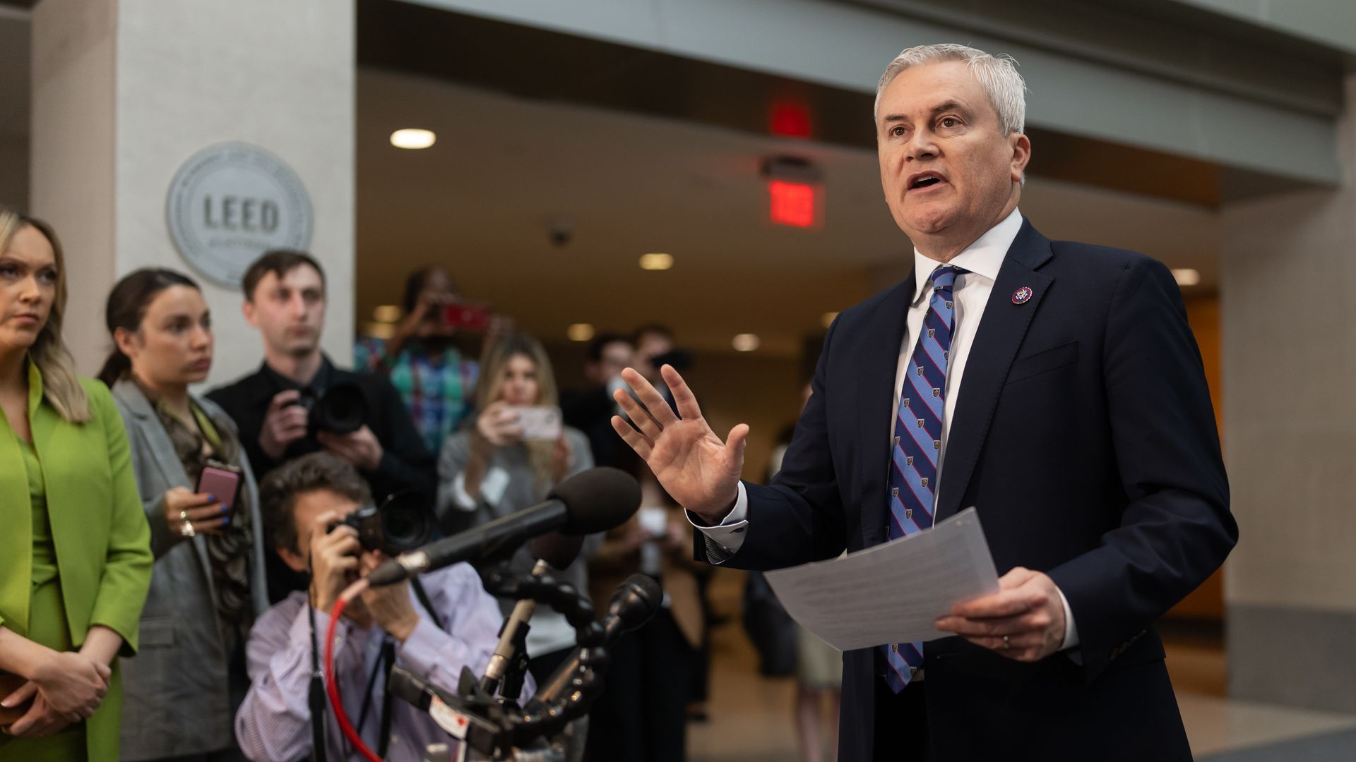 House Oversight Committee Chair James Comer, wearing a dark blue suit, shite shirt and blue striped tie.