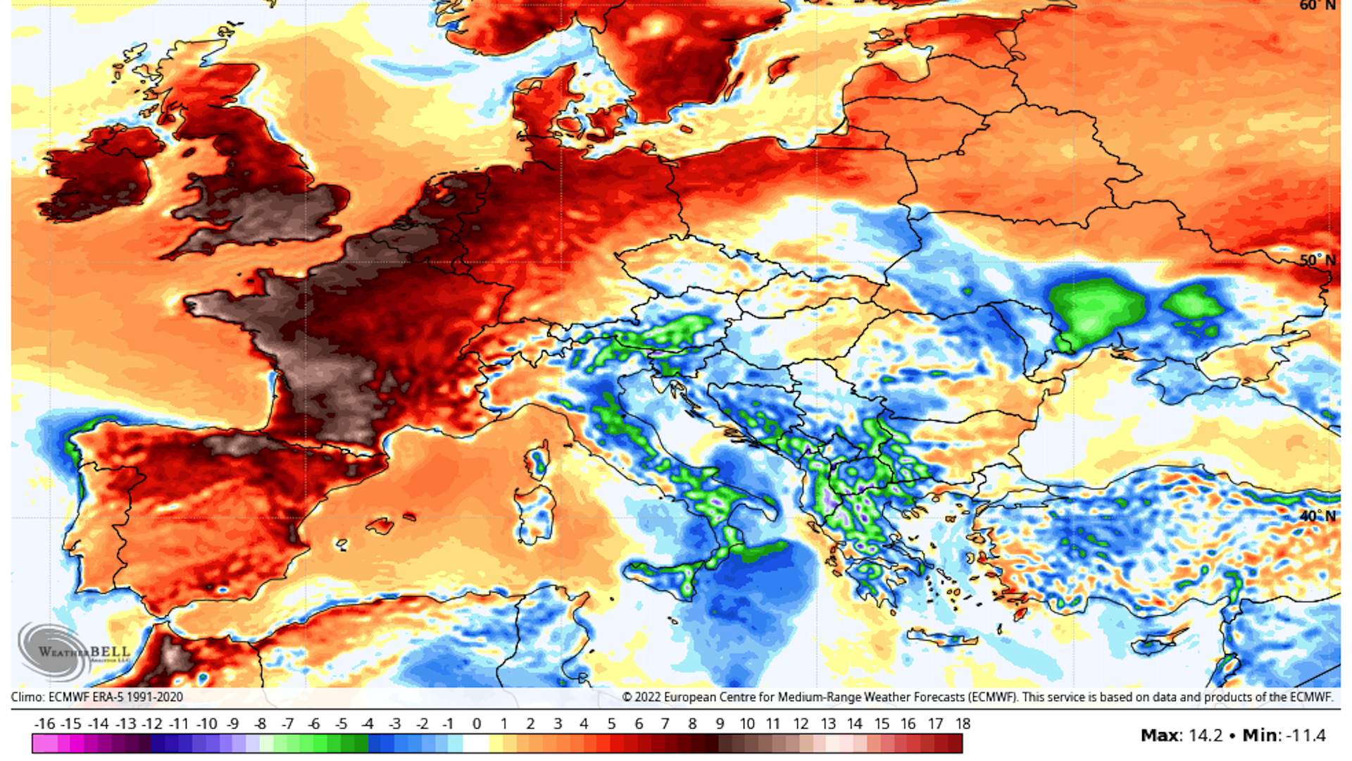 Map showing a model projection of extreme heat in Western Europe.