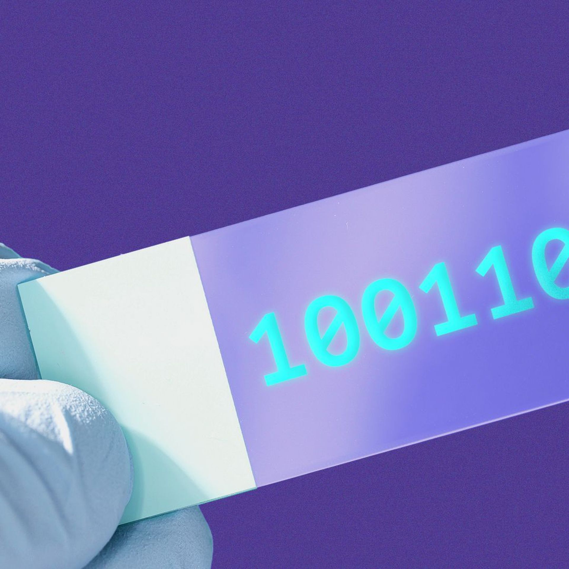 Illustration of a microscope slide with glowing binary code.
