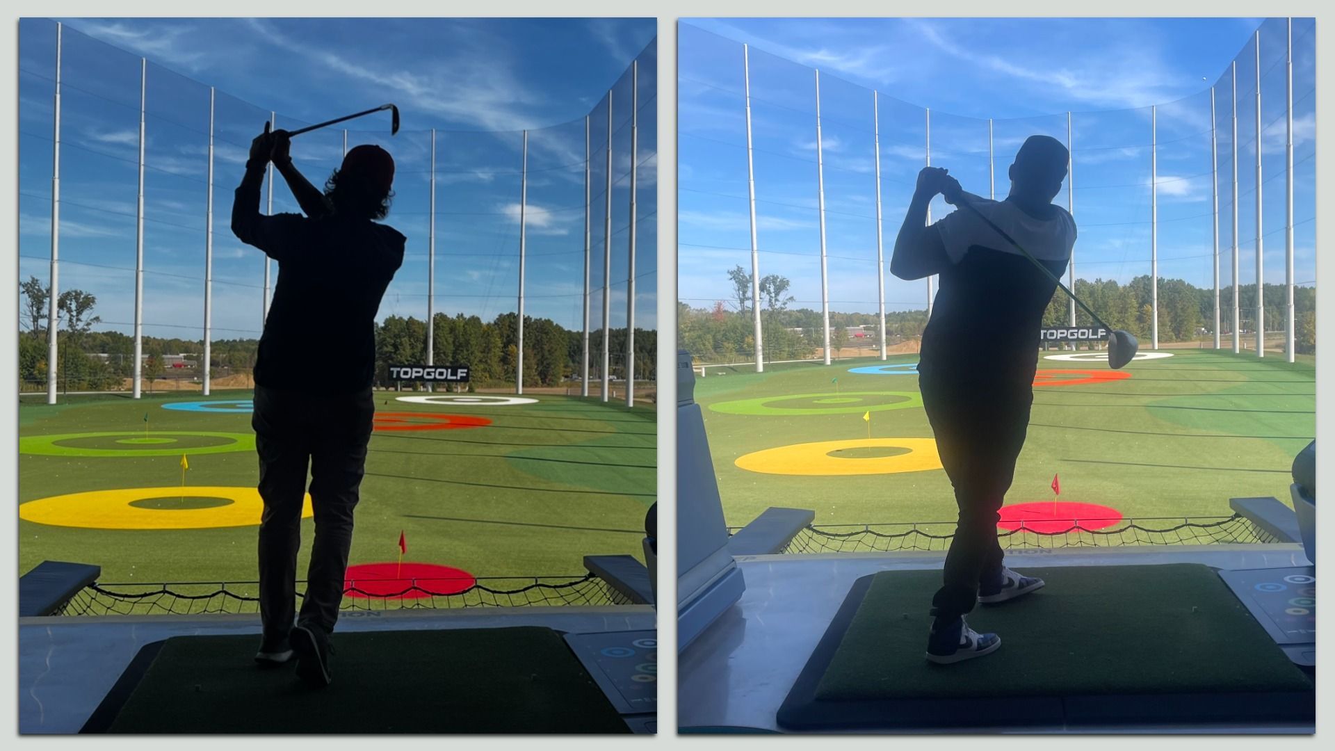 Two side-by-side images of people at a Topgolf range, swinging golf clubs toward colorful targets on green turf under a bright blue sky with tall nets surrounding the range.