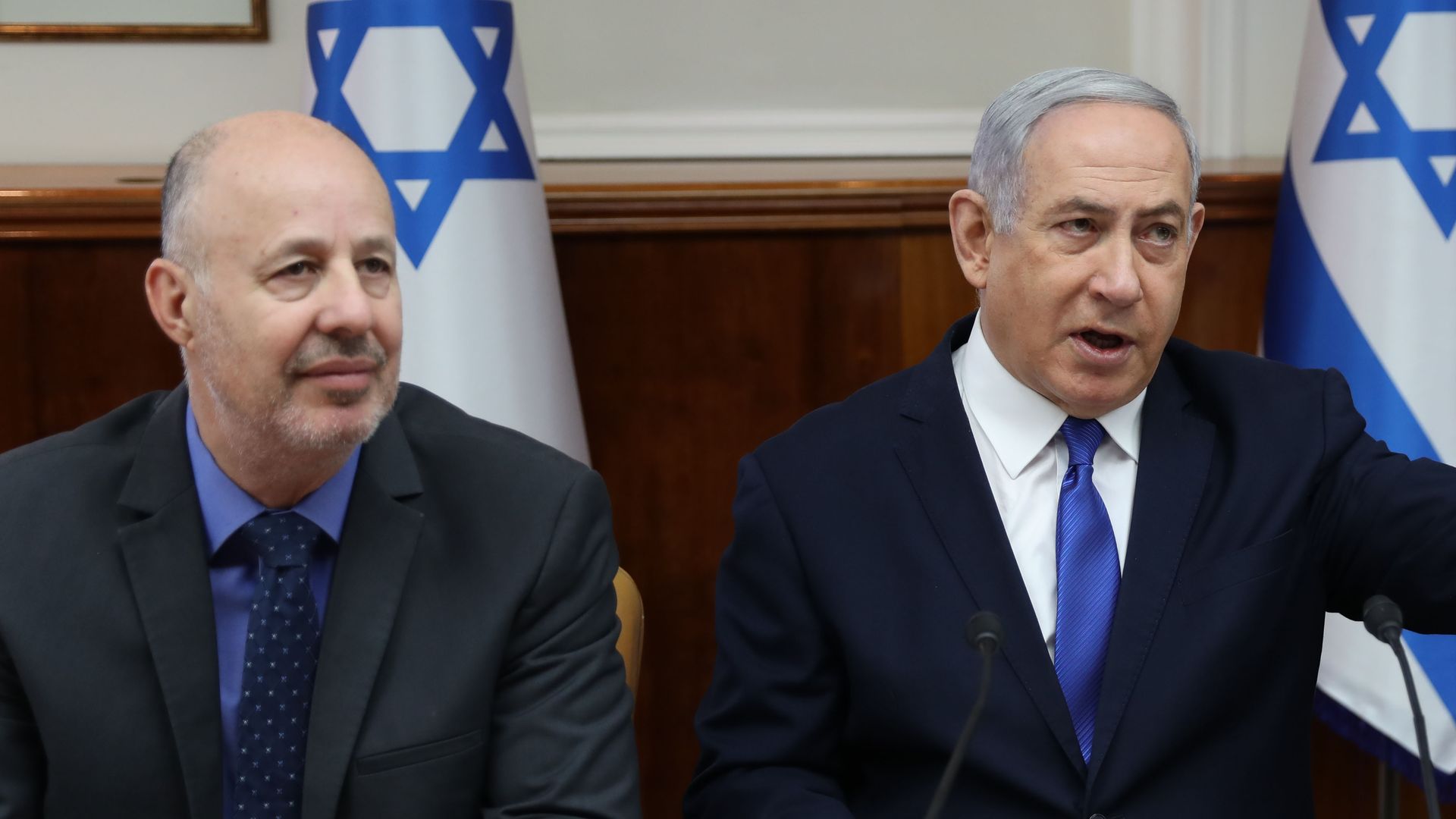 Tzachi Hanegbi and Benjamin Netanyahu at a Cabinet meeting on Dec. 29, 2019. Photo: Abir Sultan/AFP via Getty Images