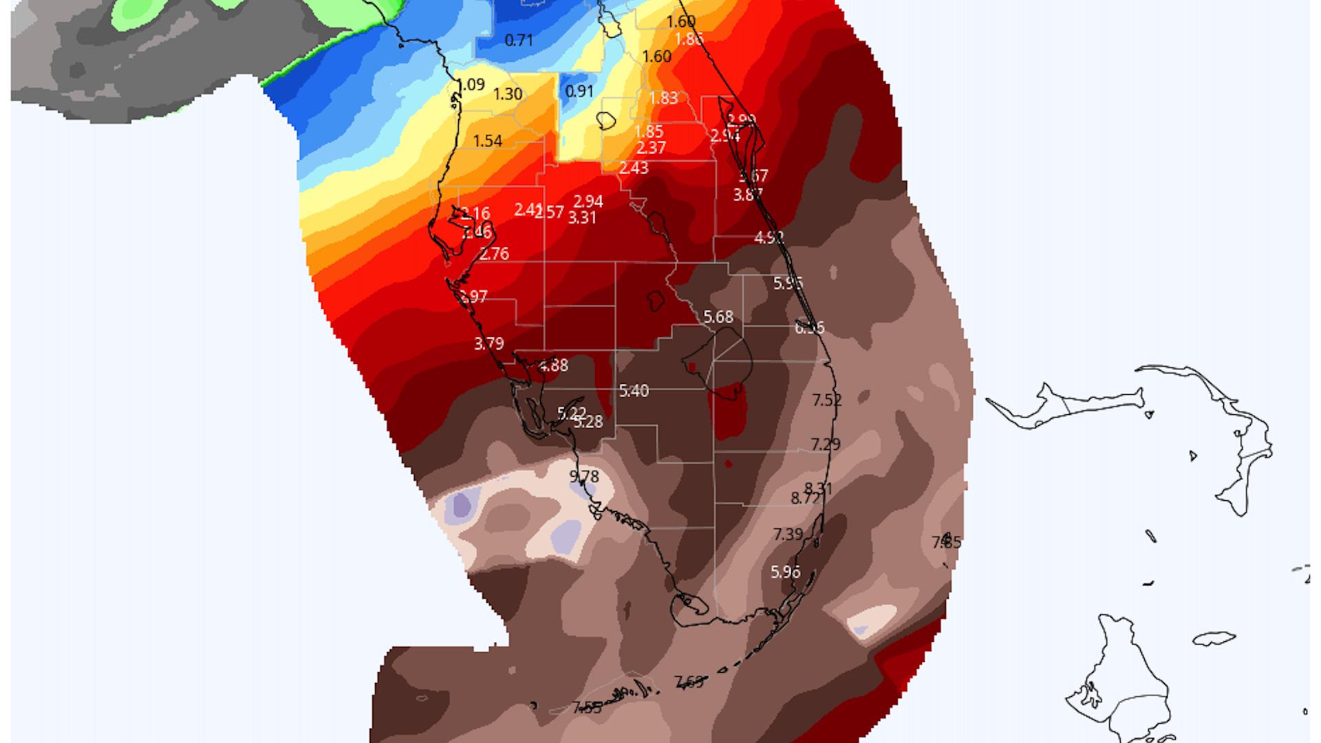 Map showing forecast rainfall totals for Florida from likely T.S. Alex.