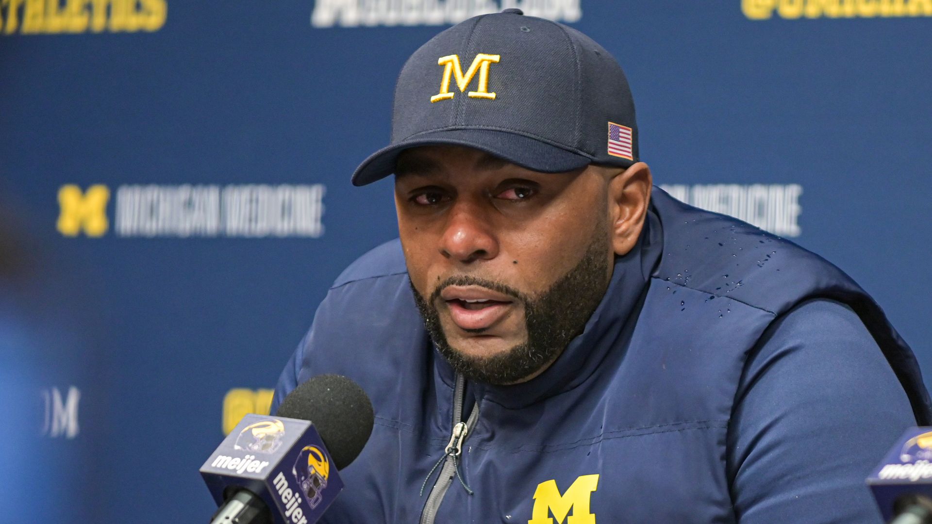 Former U of M head football coach Sherrone Moore speaks after losing to Ohio State last month. 