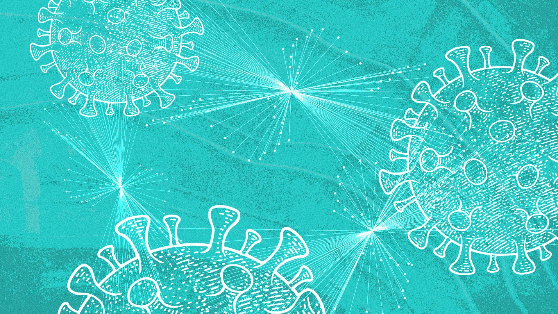 Illustration of COVID and linear diagrams on a teal background. 