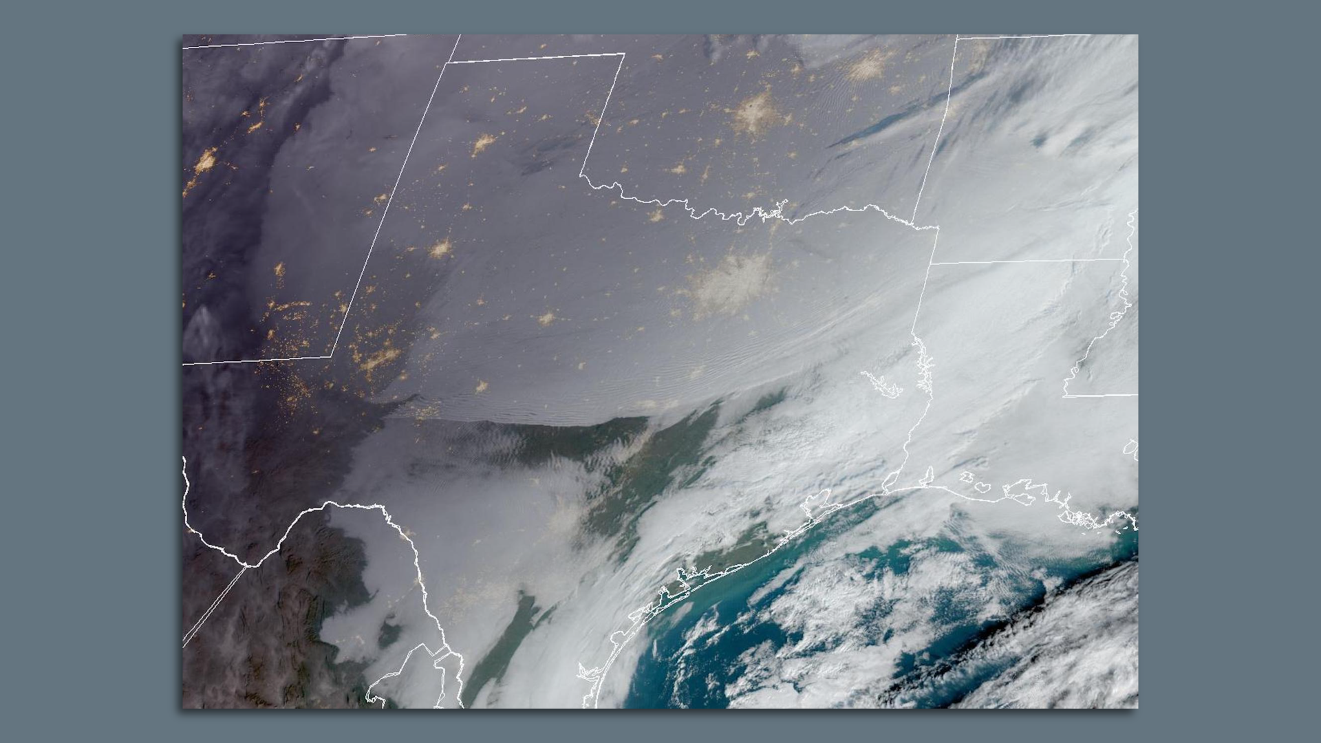 Satellite image showing the cold front moving south through Texas.