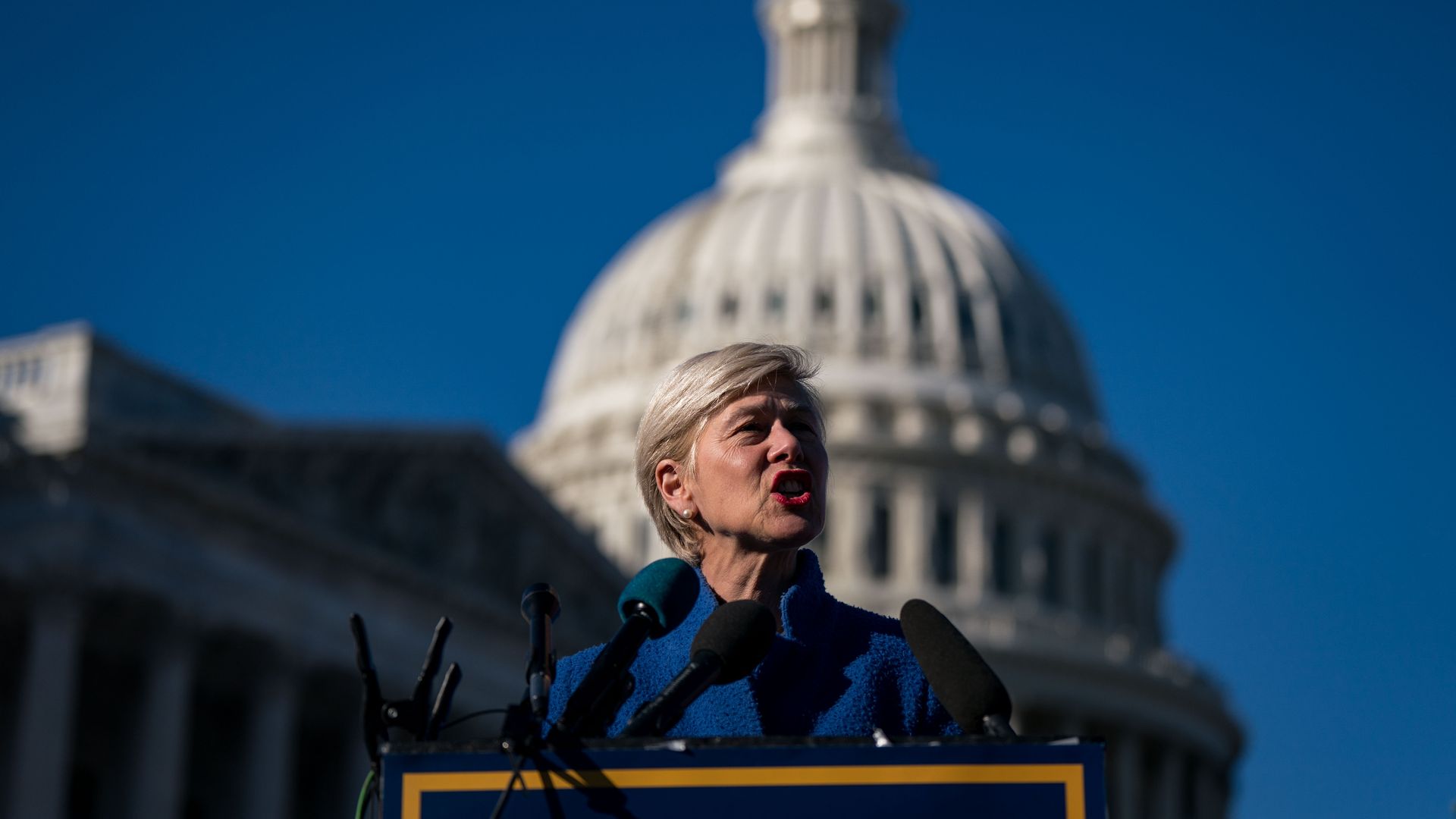 Rep. Deborah Ross, wearing a blue coat and speaking at a podium with microphones in front of the Capitol.