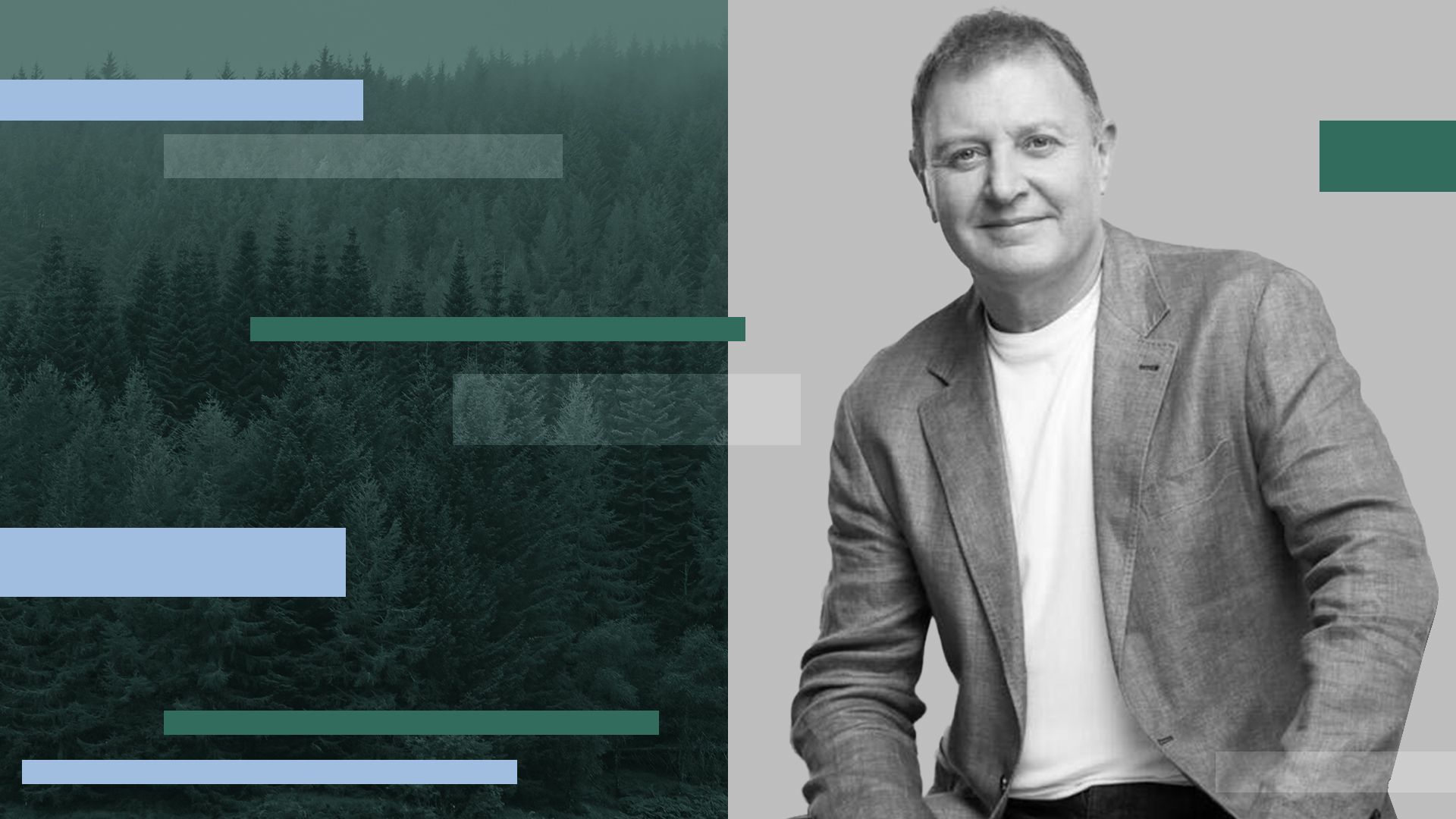 illustration of Ziv Avaram surrounded by colorful lines and photos of trees